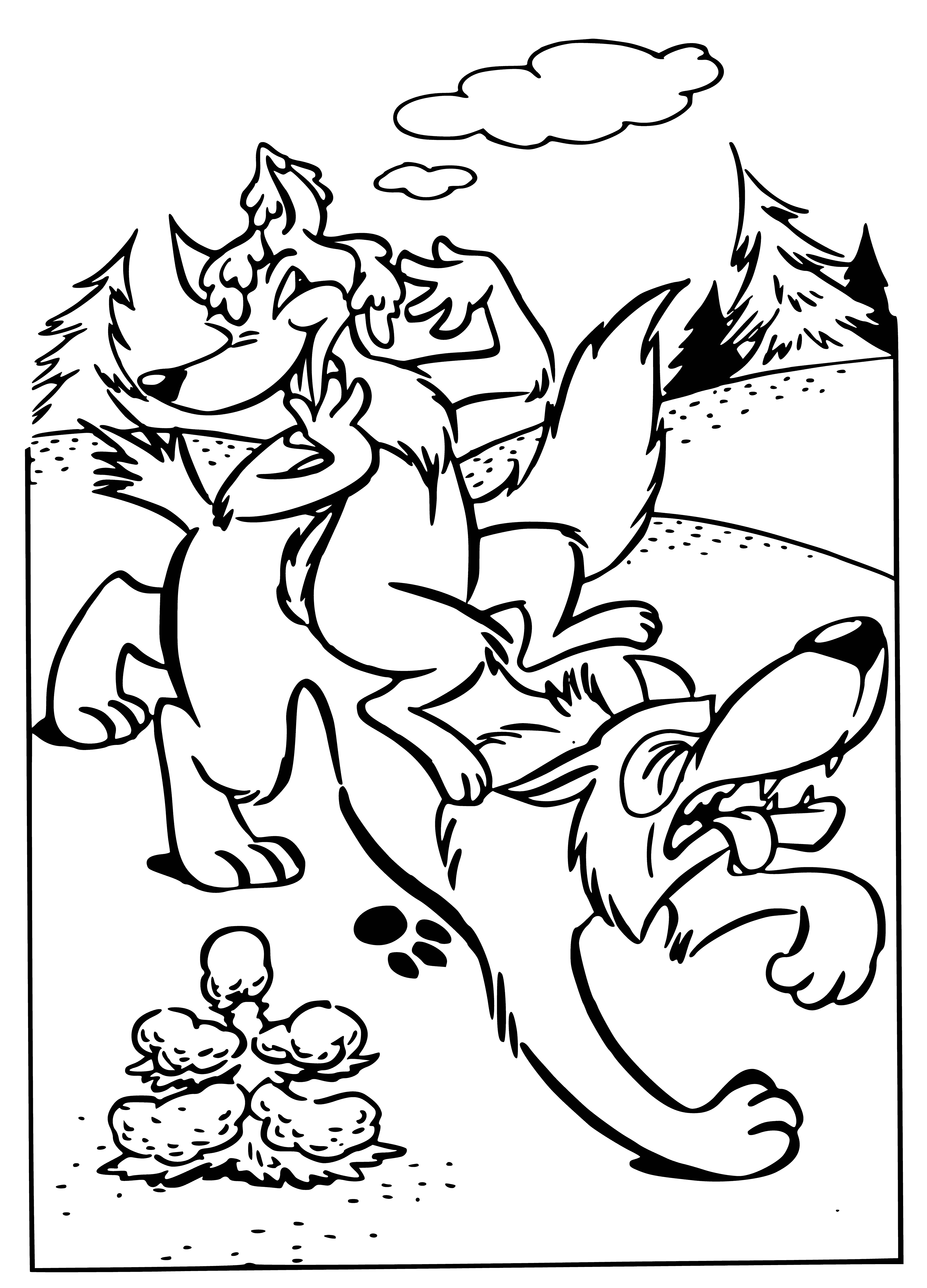 coloring page: 3 friends try to guess an owner's riddle to gain shelter from a storm, but only the mouse survives. It's the cat's dinner.