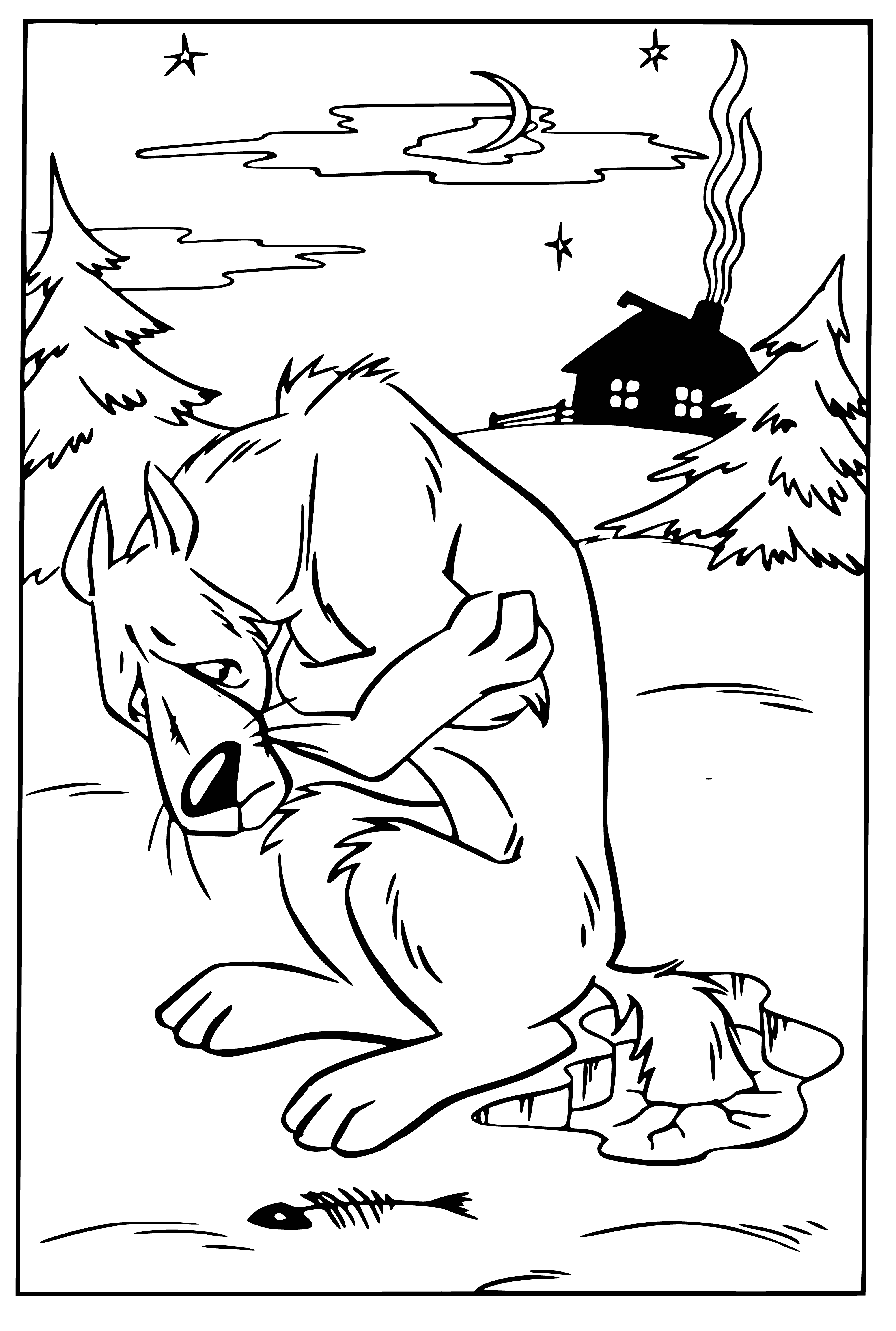coloring page: A large hill with village and smoke-filled chimneys, with a wolf waiting in the foreground.