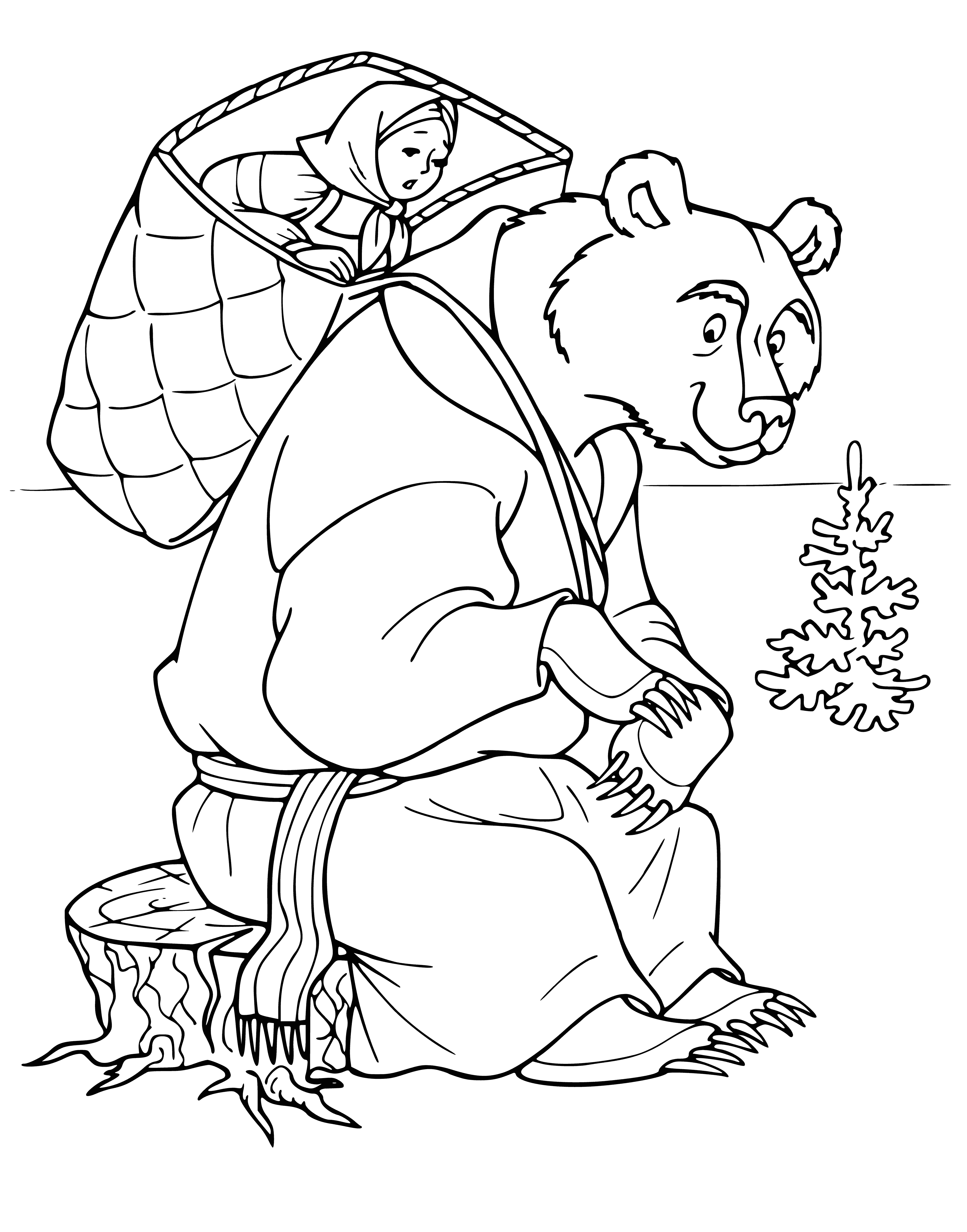 coloring page: A bear is stuck on a stump, waiting for help. He looks harmless but could hurt someone.