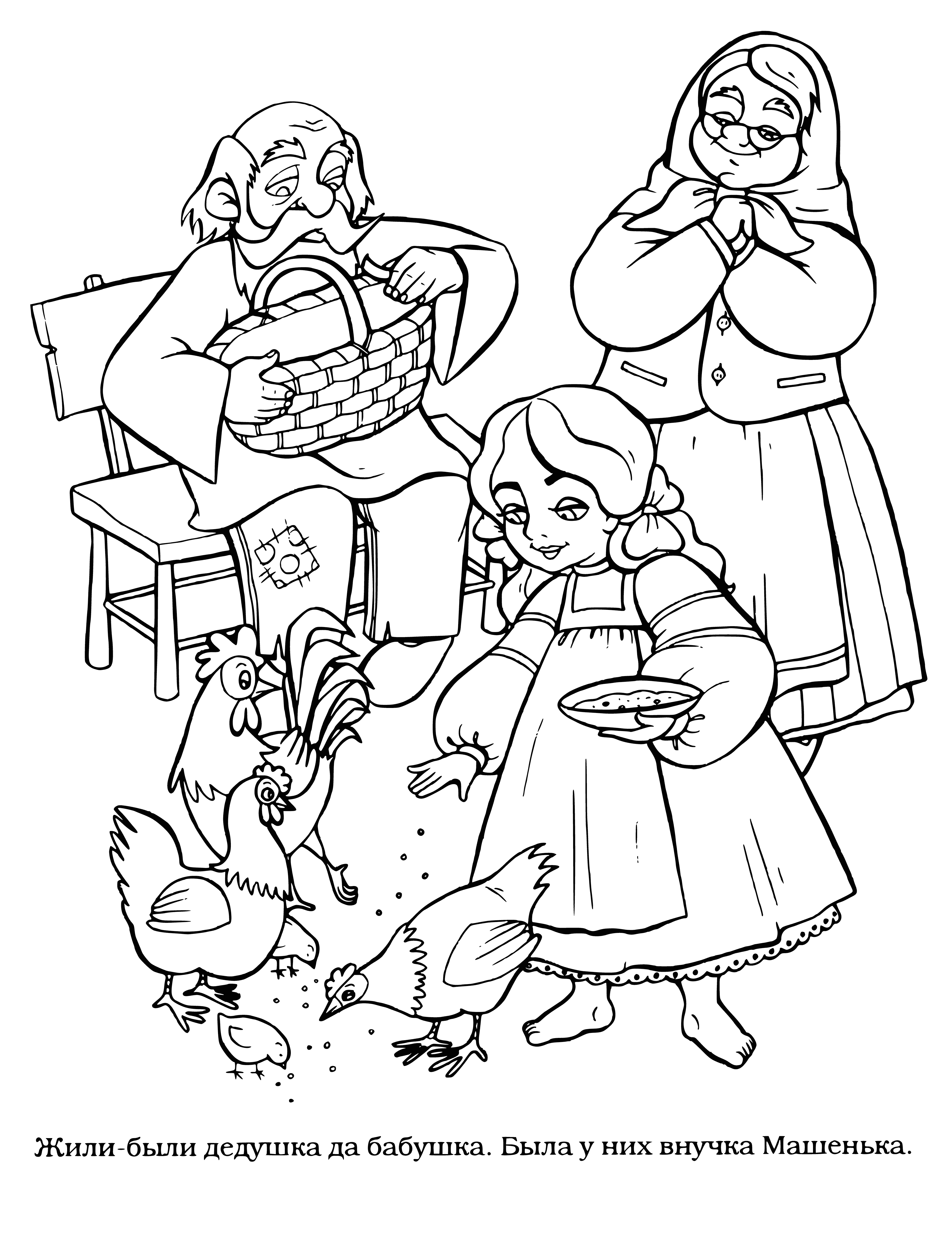 coloring page: A girl in Russian dress sits on a tree trunk, looking at a book while a bird perches nearby.
