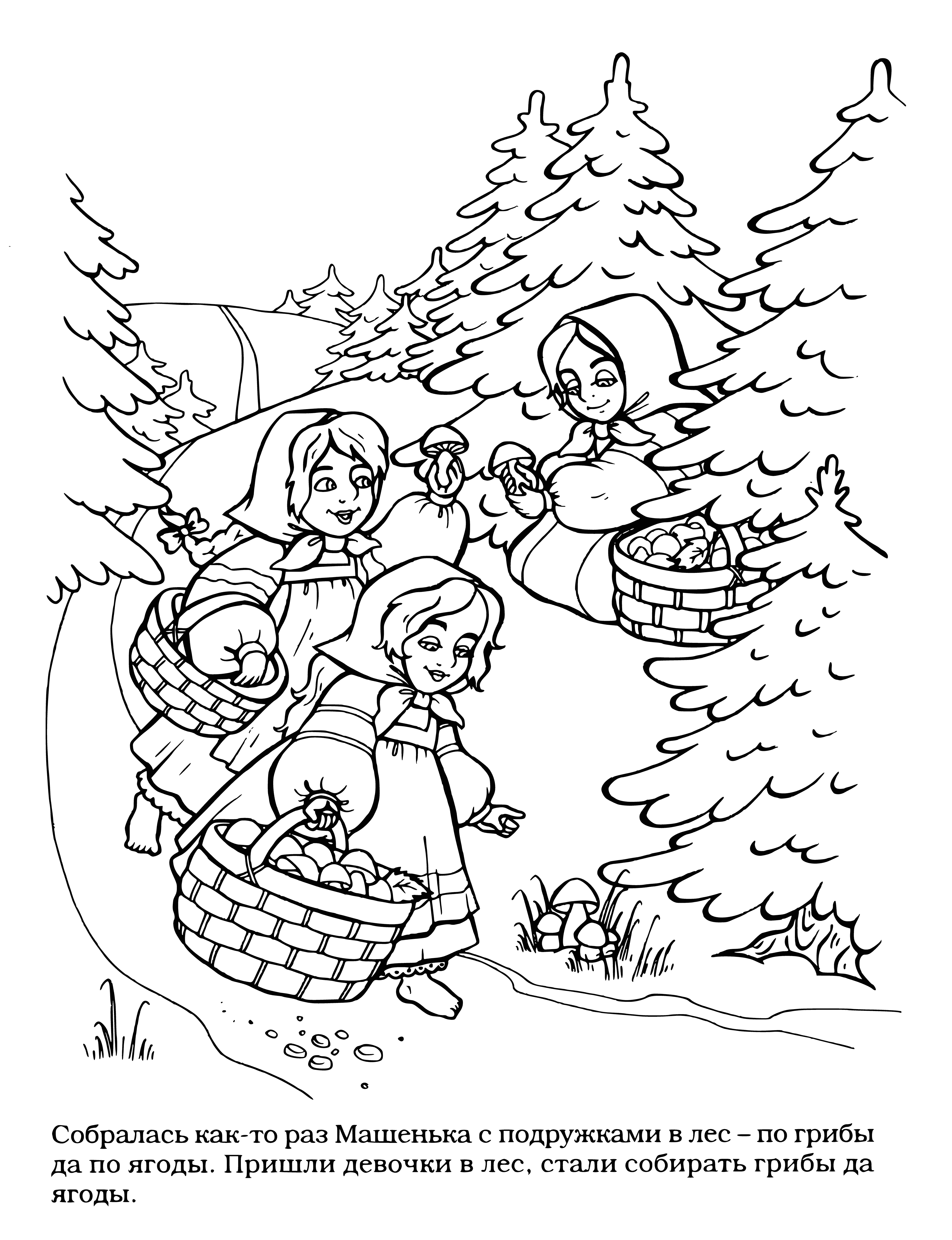 coloring page: Masha walks through a sunny forest looking for mushrooms to add to her basket. A river runs through the trees, creating a peaceful atmosphere.