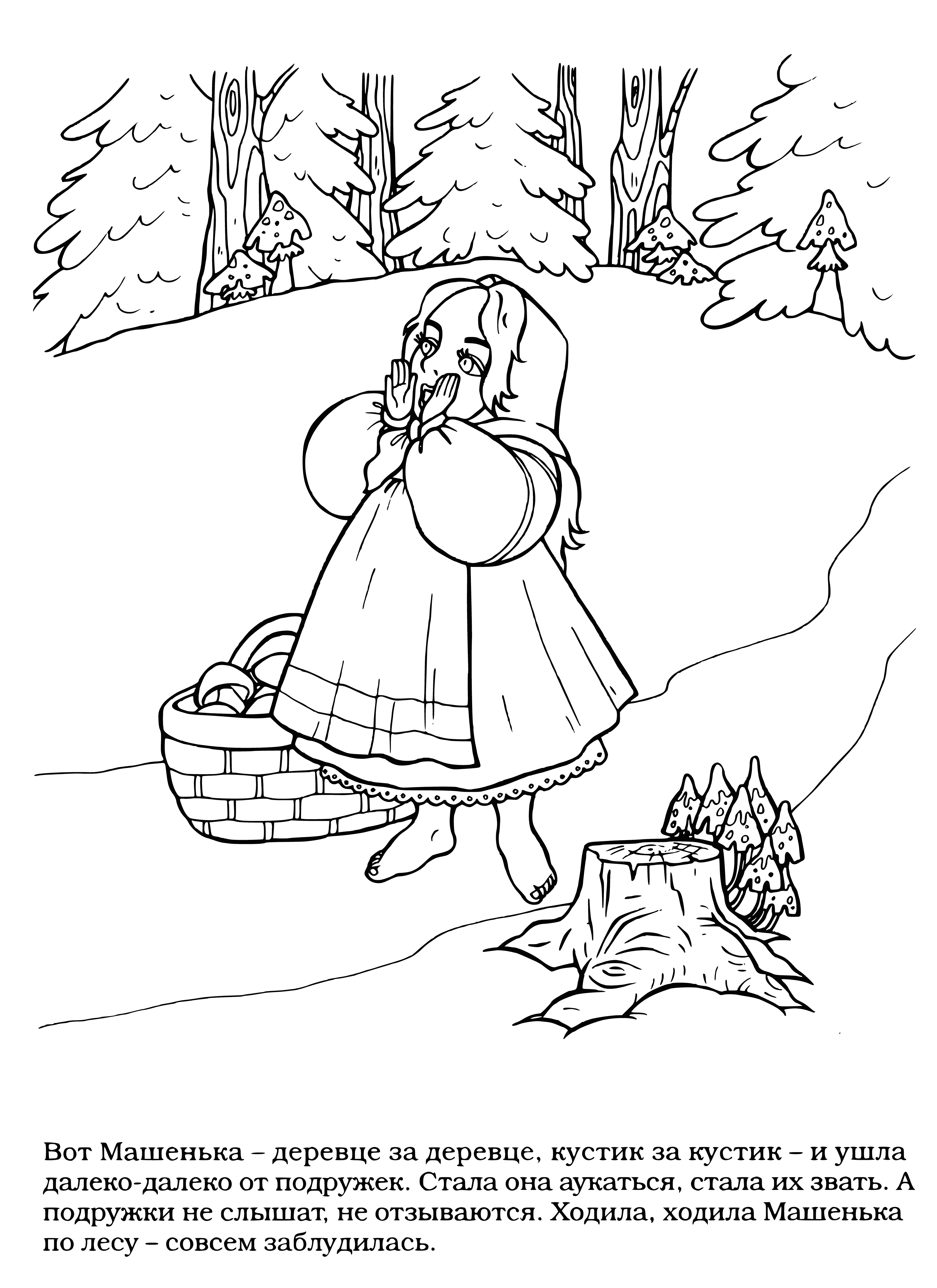 coloring page: Lost girl in red coat stands in snow, tree-surrounded. Small cabin in distance.