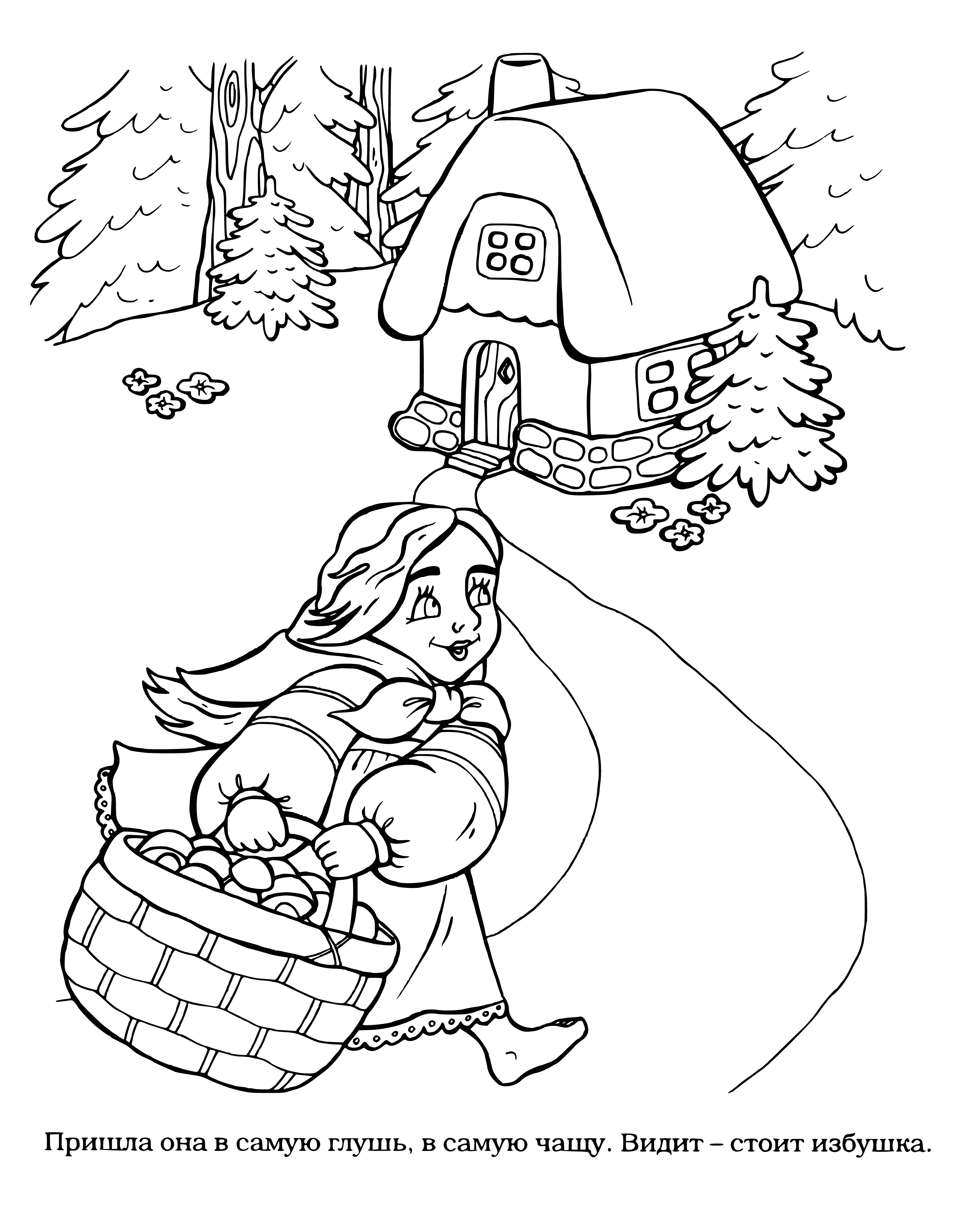 coloring page: Folktale: Bear hut in woods has wooden hut, thatched roof, door and window. Bear inside wears scarf and hat.