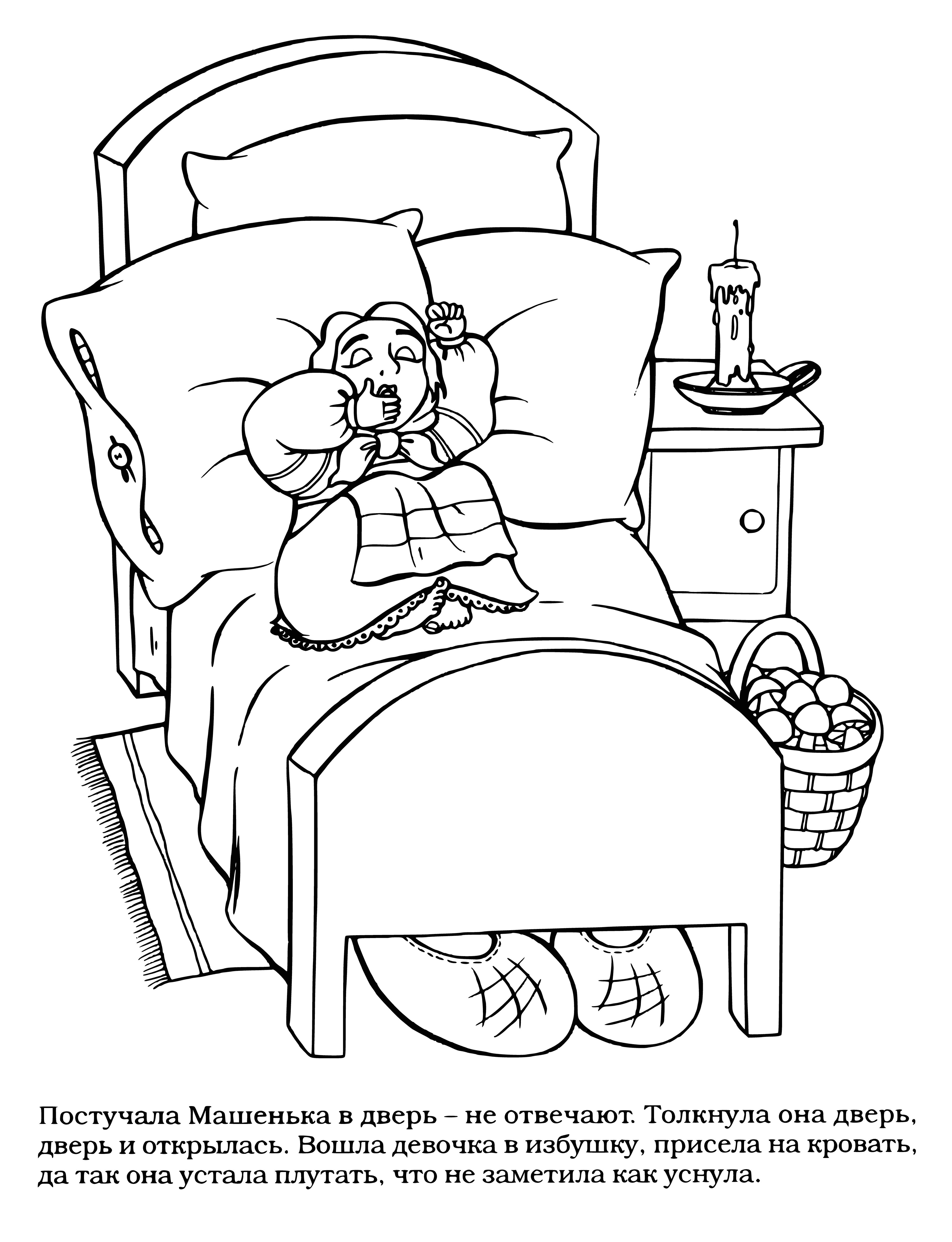 coloring page: Masha sits on a bed, worried, in a room with a window. #Loneliness