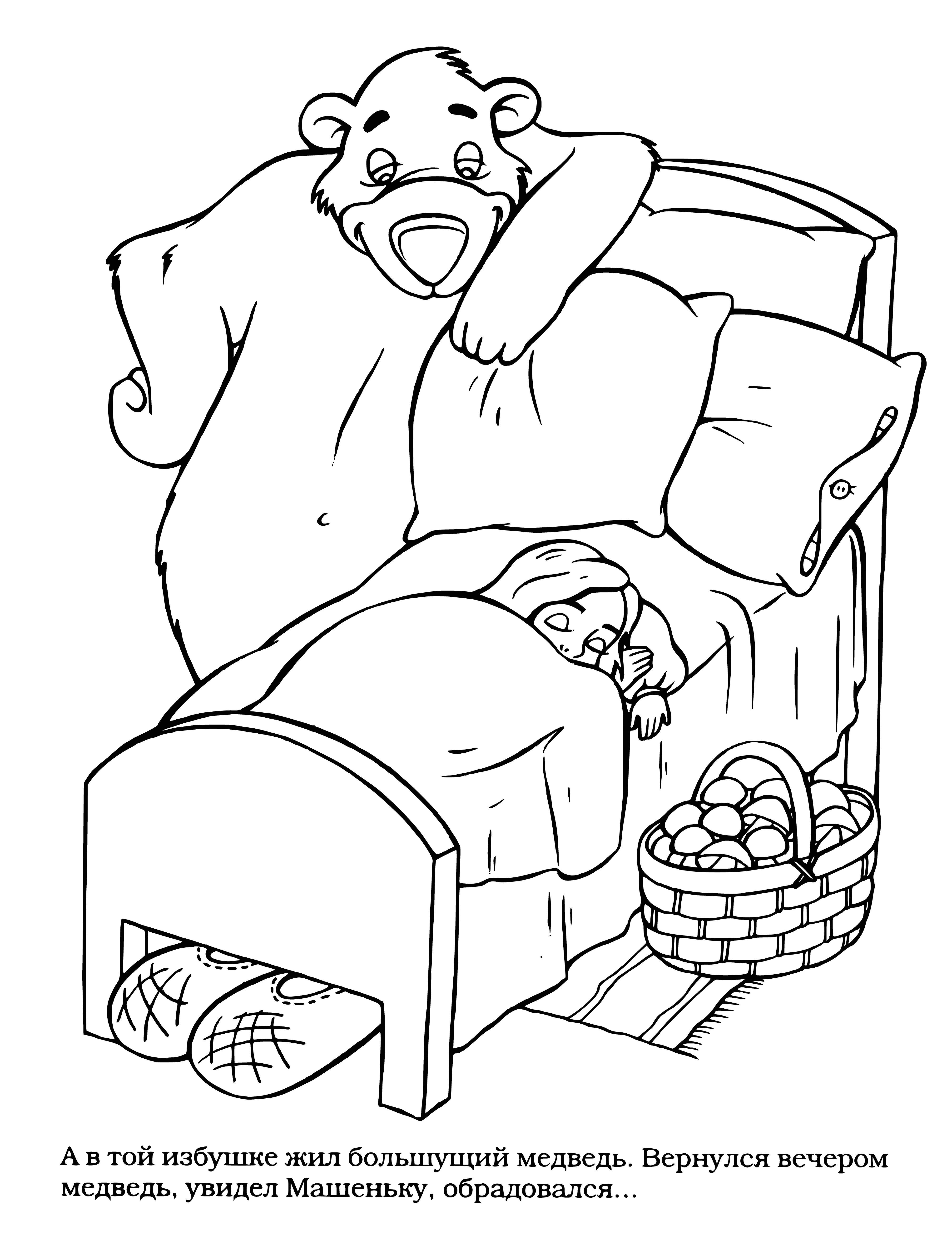 coloring page: Mashenka sleeps peacefully surrounded by her toys, with sun shining through the window above her bed.