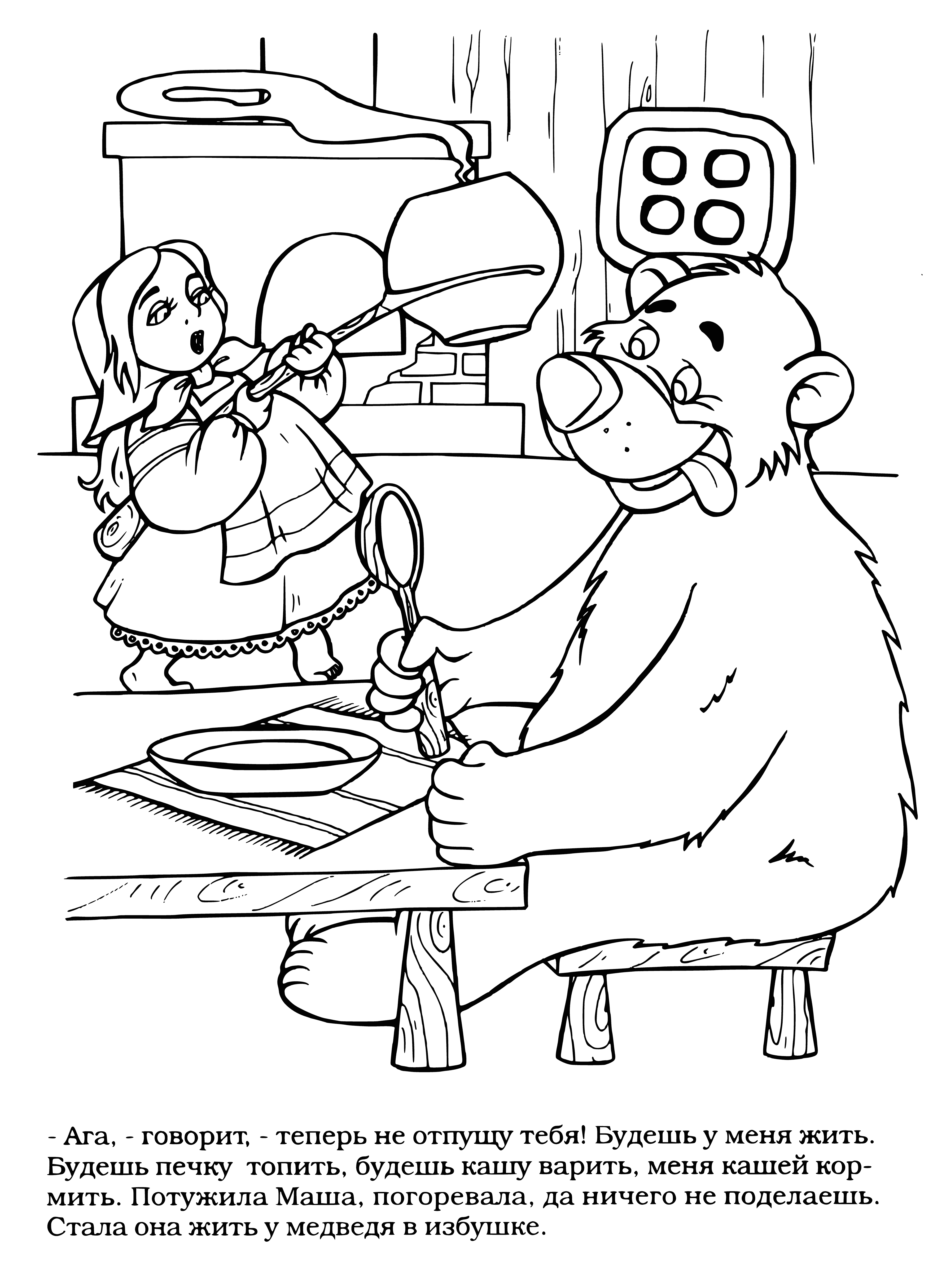 coloring page: Girl feeds bear from red bag while riding on its back in snowy mountain range. She wears traditional Russian headscarf.