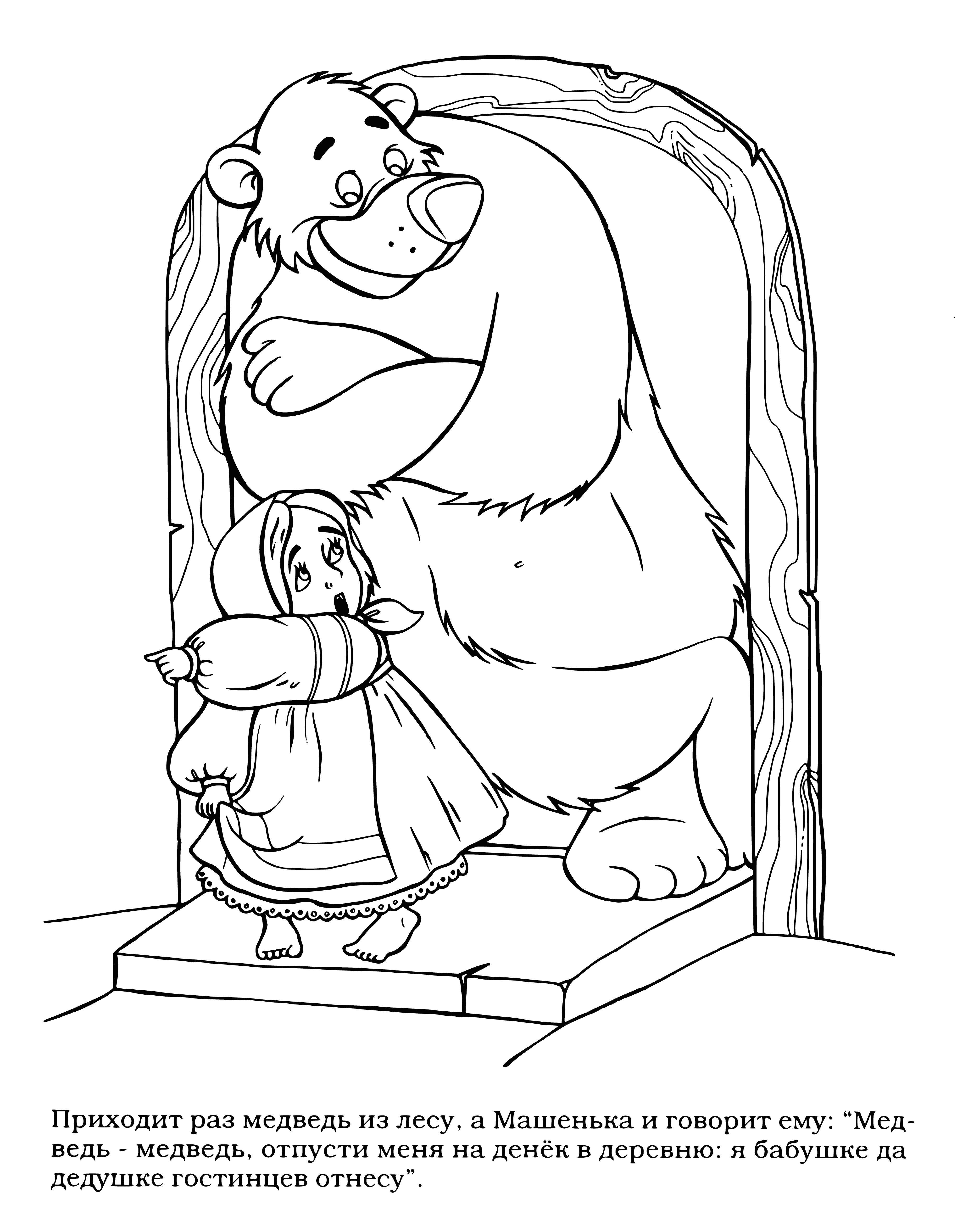 coloring page: Girl meets bear, is scared at first, but negotiates her way out of danger and the two become friends and live in the forest together. #MashaAndTheBear