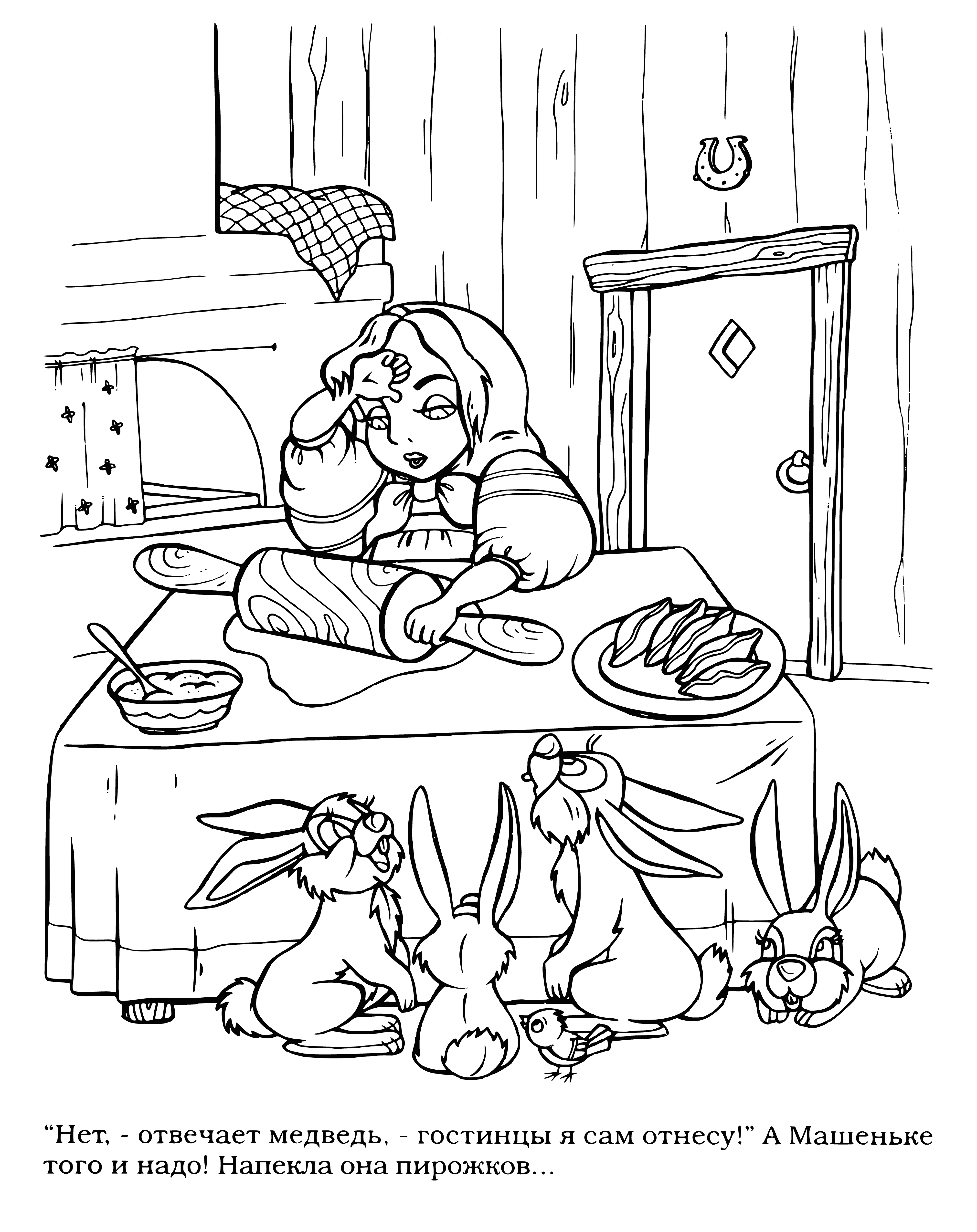 coloring page: Masha bakes amazing pies & is beloved by the villagers - they always buy them when she has them for sale.