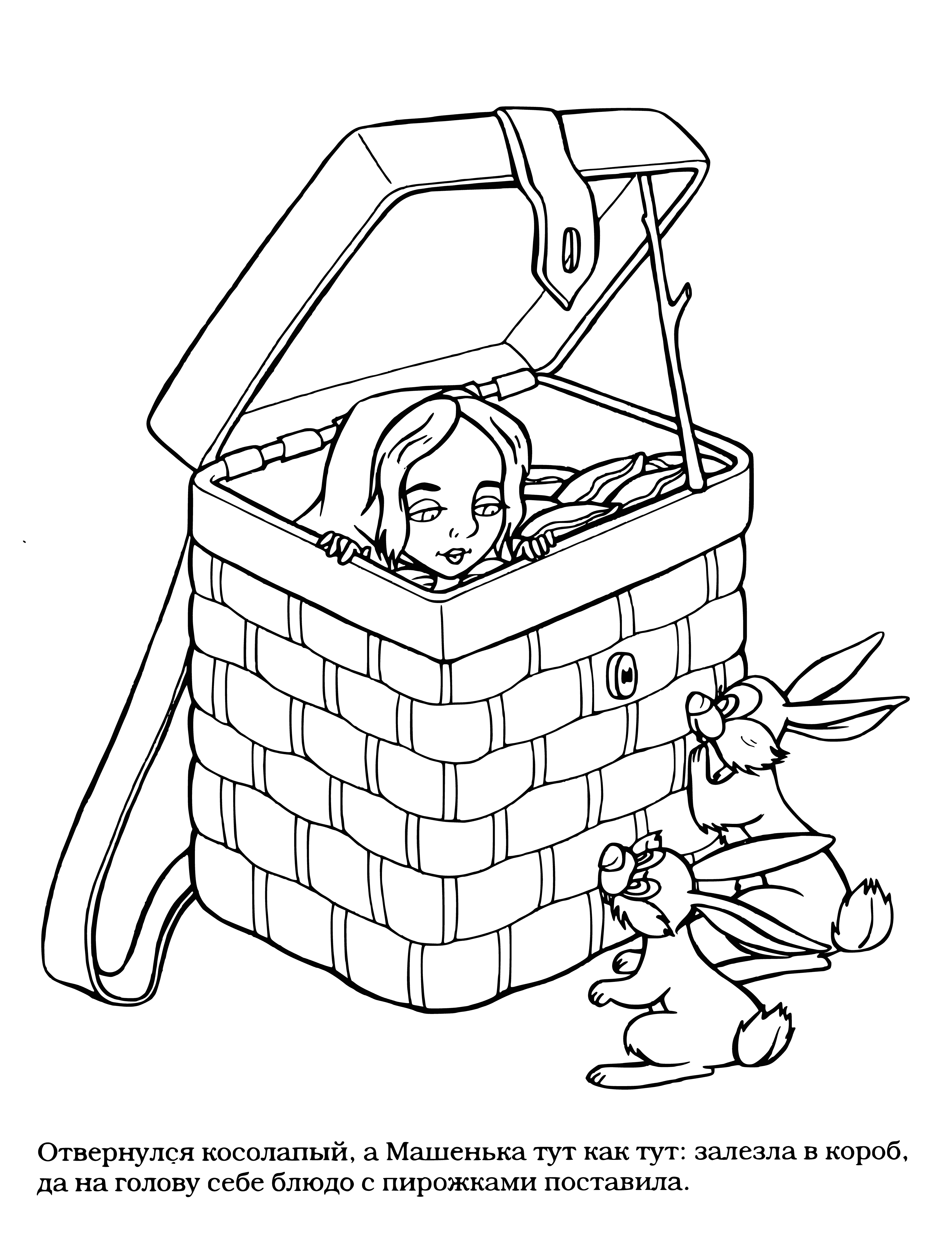 coloring page: Masha is in hiding, playing a game of hide-and-seek with pursuers. She's laughing, knowing she won't be found.
