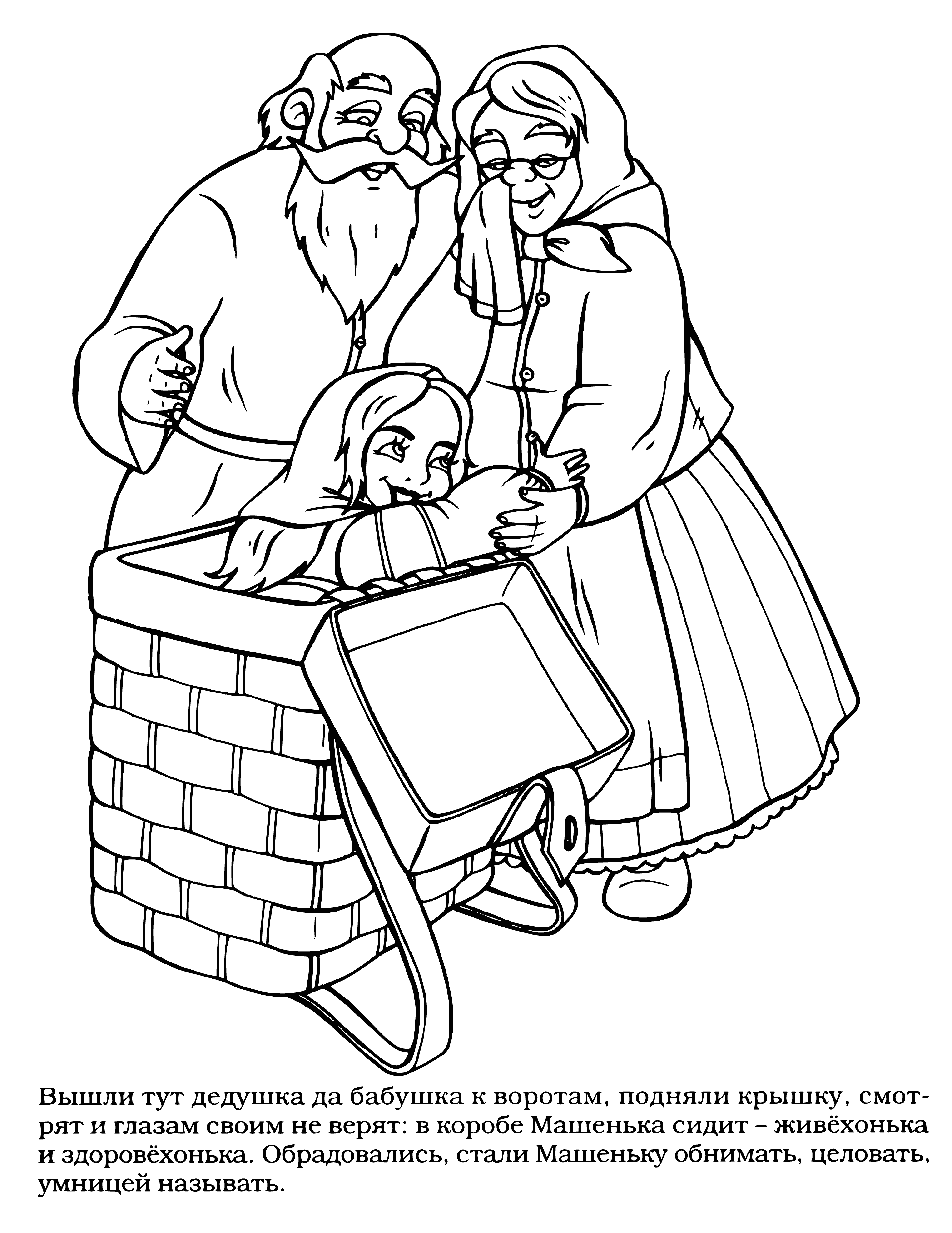 coloring page: Group laughs at woman lying in snow w/ broken broom; one child holds snowball. #humor
