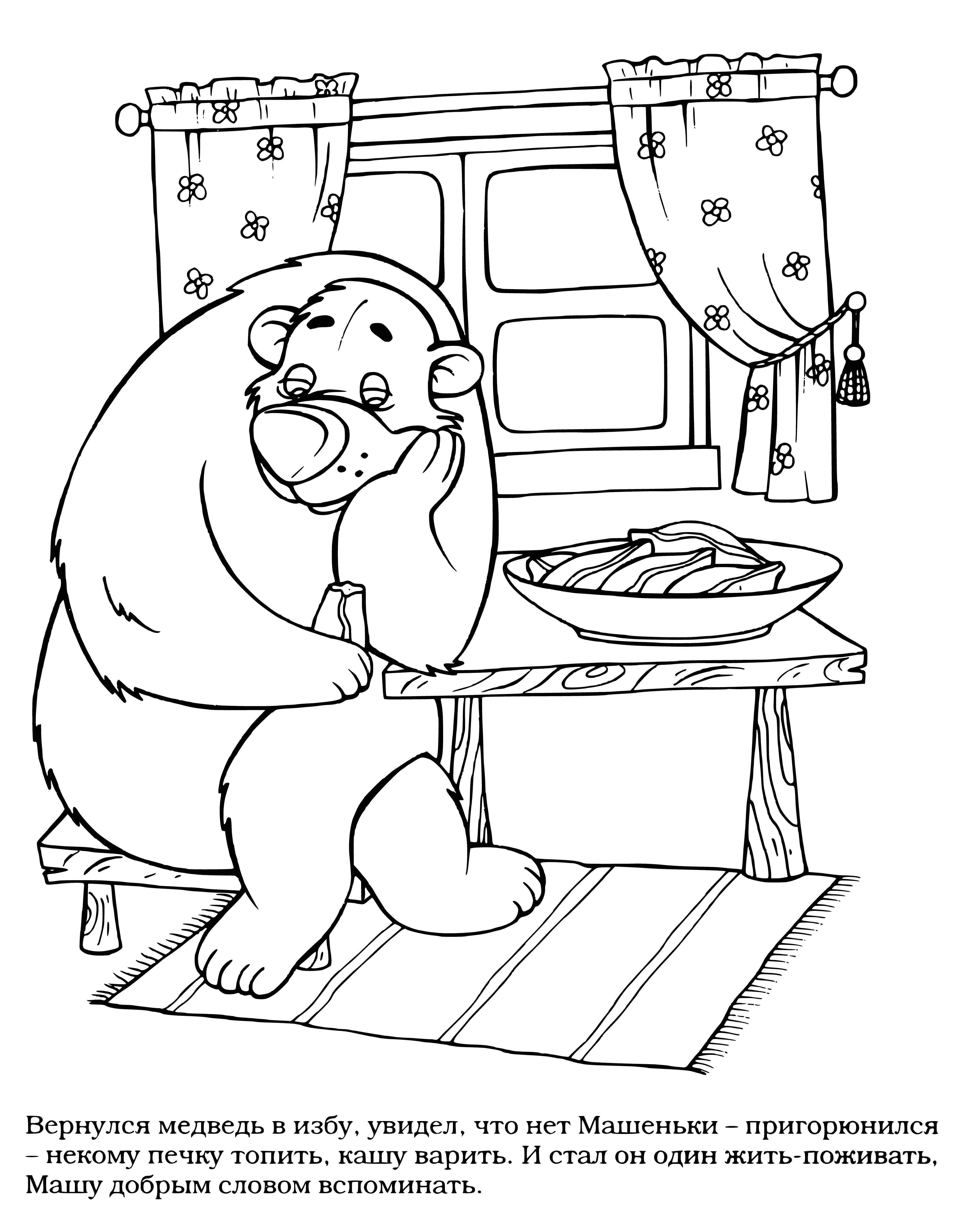 coloring page: Bear enters different huts search of food, but is turned away. He finds kind old woman in smallest hut who he helps protect.