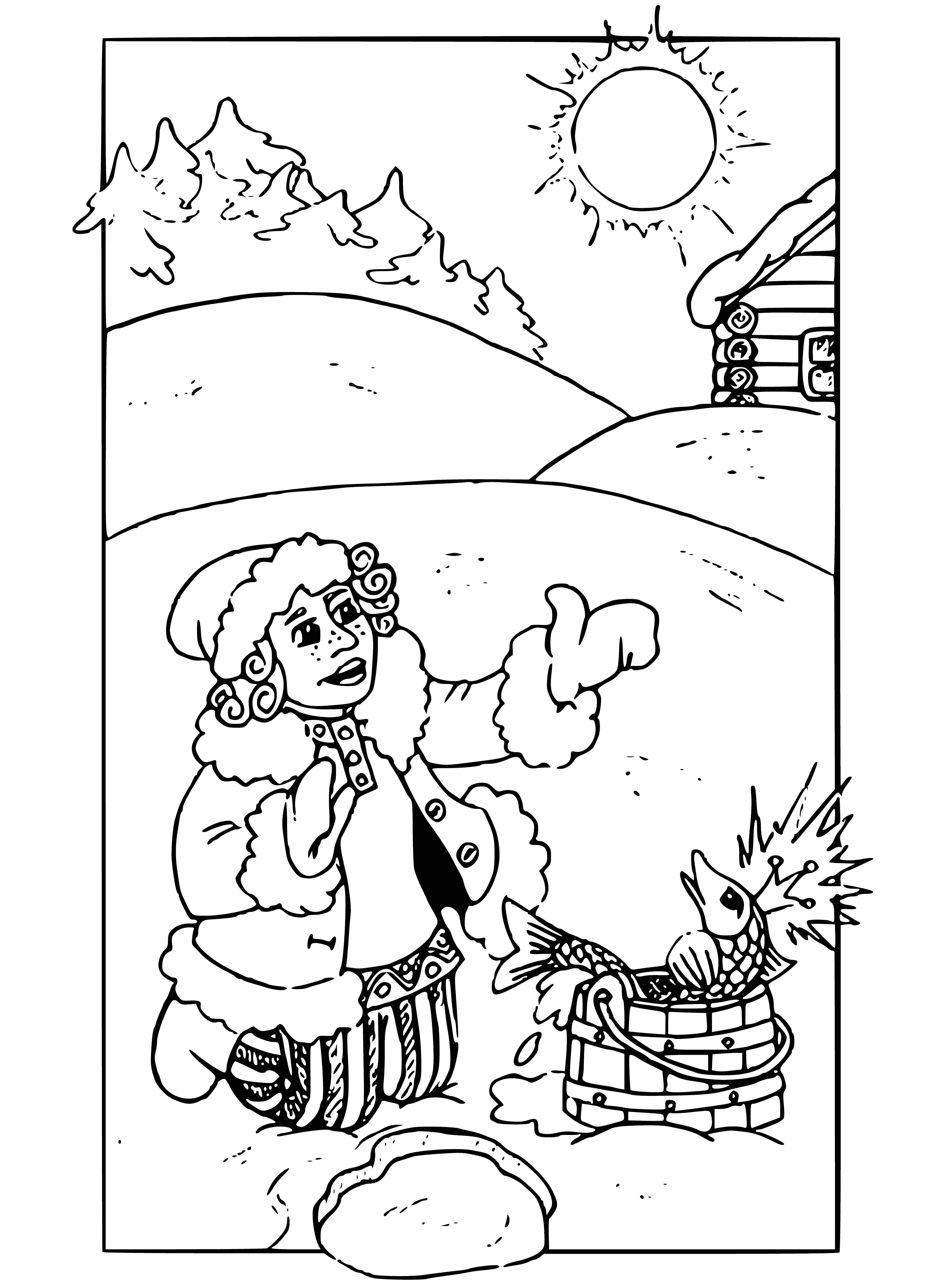 coloring page: Emelya, the lazy character in red & blue, sits near a river with a sack next to him, always looking for an easy way to do things.