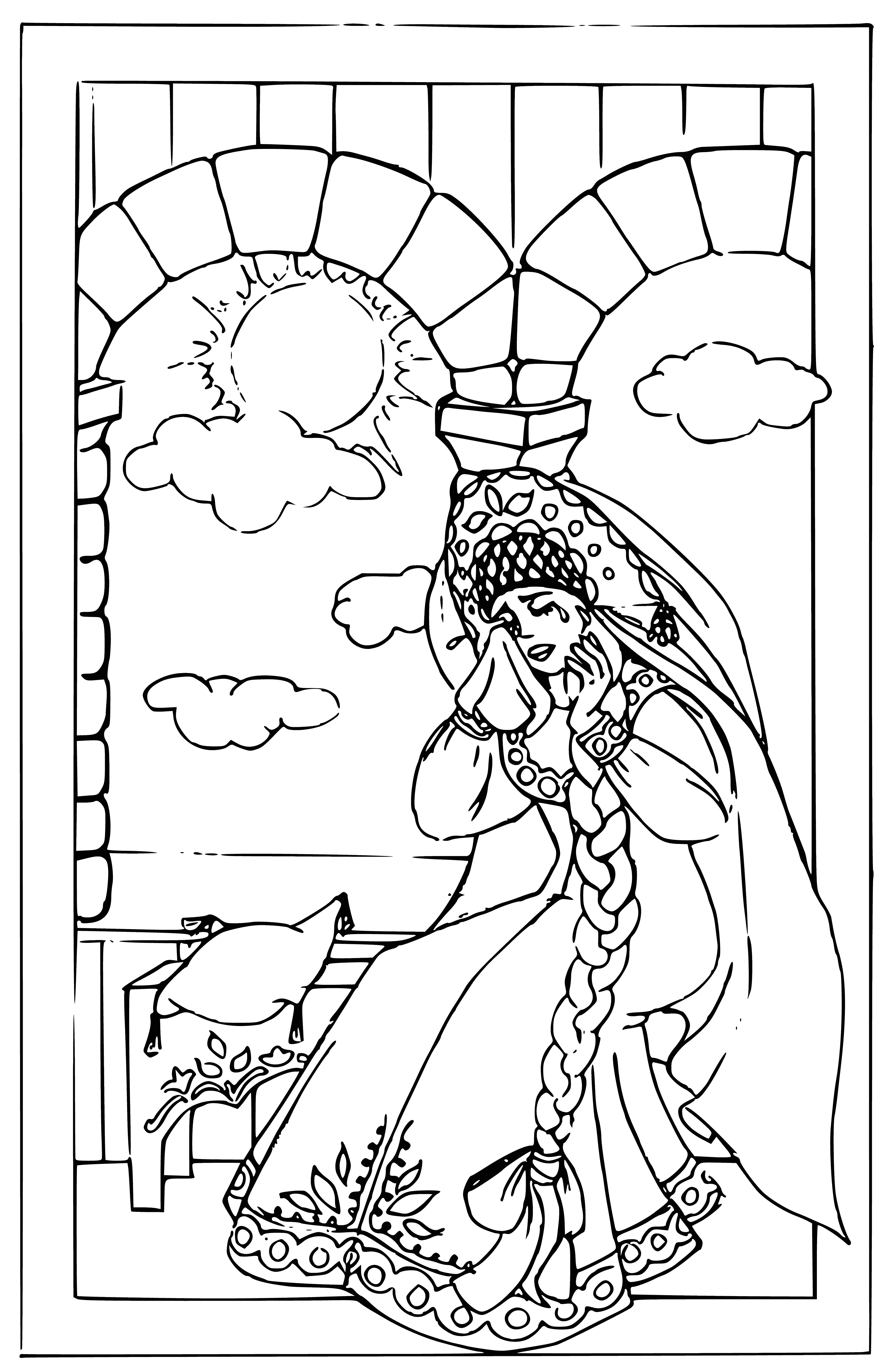 coloring page: Elaborate horse-drawn carriage pulled by four white horses; two men, a woman wearing a fur-trimmed cloak with a gold crown inside; woman appears to be asleep. #carriage #fantasy