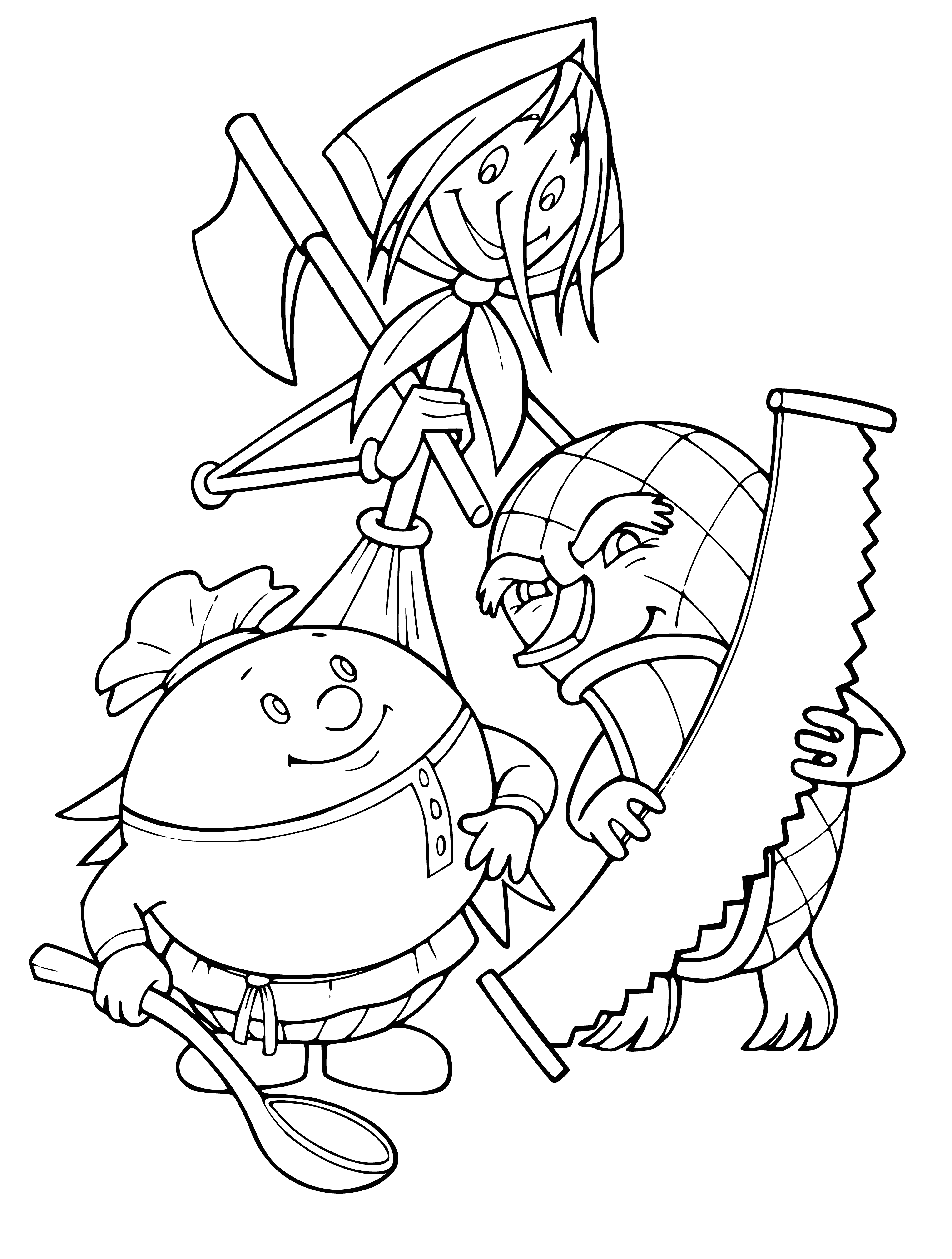 coloring page: 3 folk tales in coloring page: Bubble blws big bubble, Straw takes baby on magical journey and Bast, the leader of the farm.