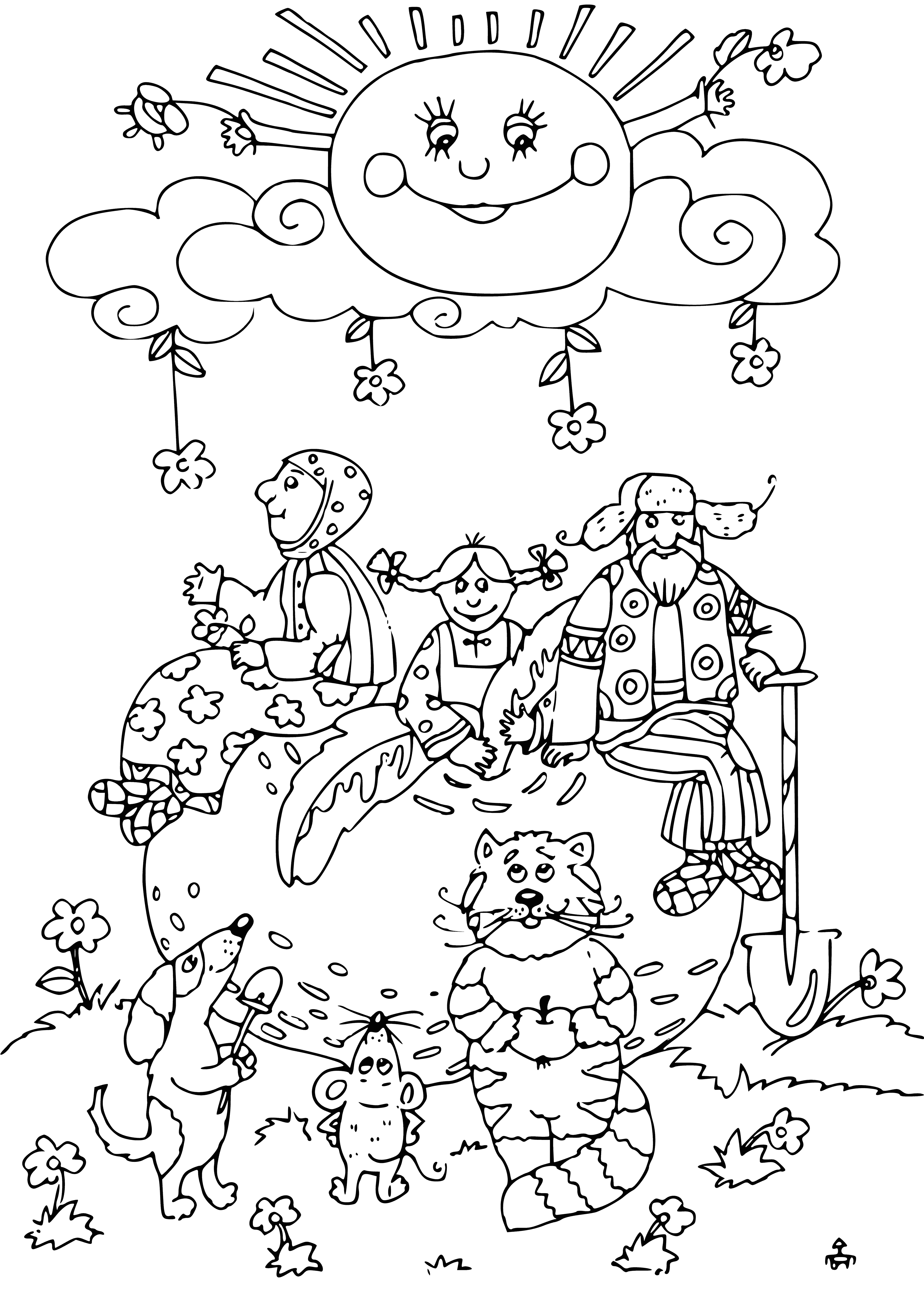 coloring page: Man pulls turnip from ground with help from woman and rabbit. Finally get it out.