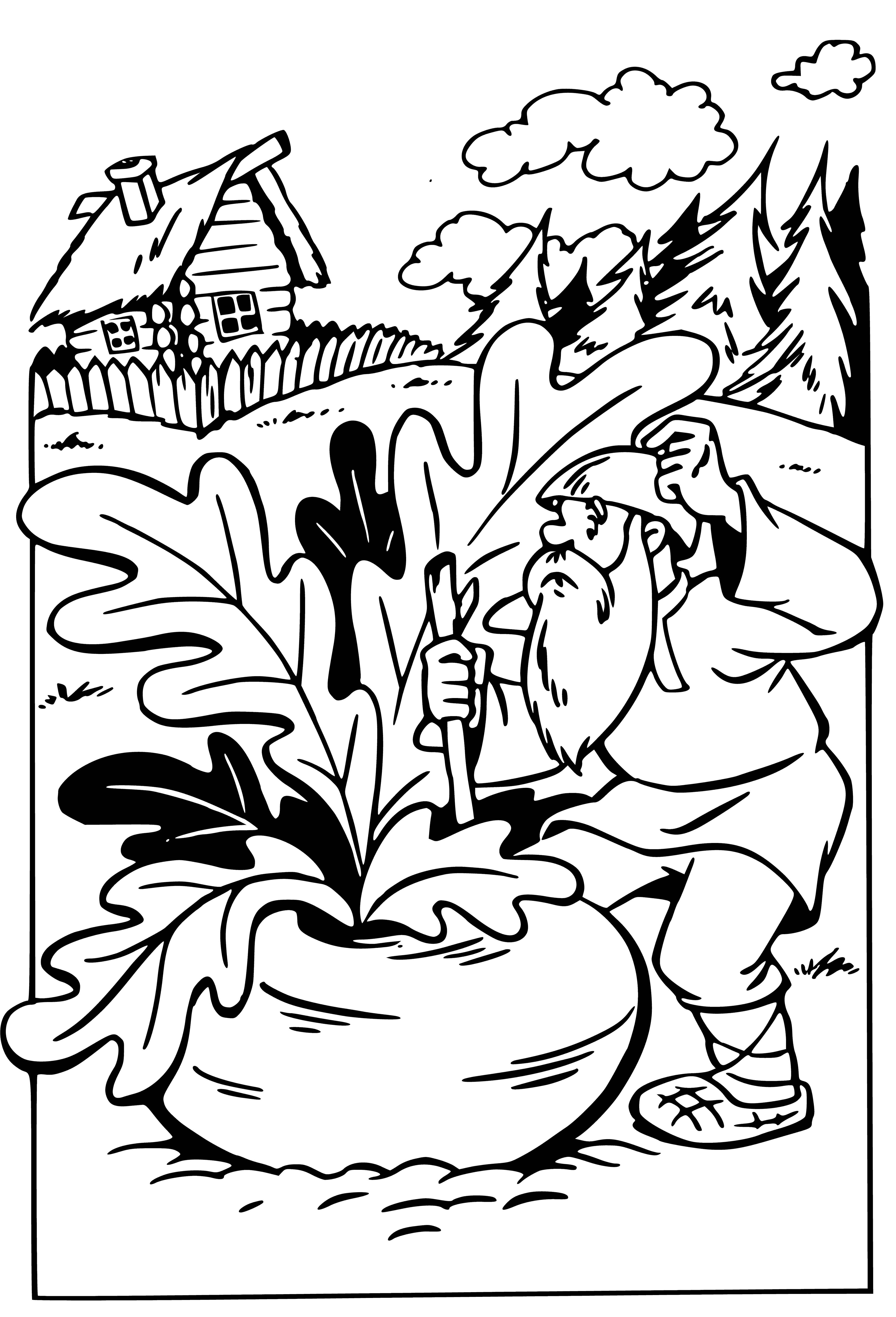 coloring page: Two people on either side of a large turnip, surprised that it grew so big!