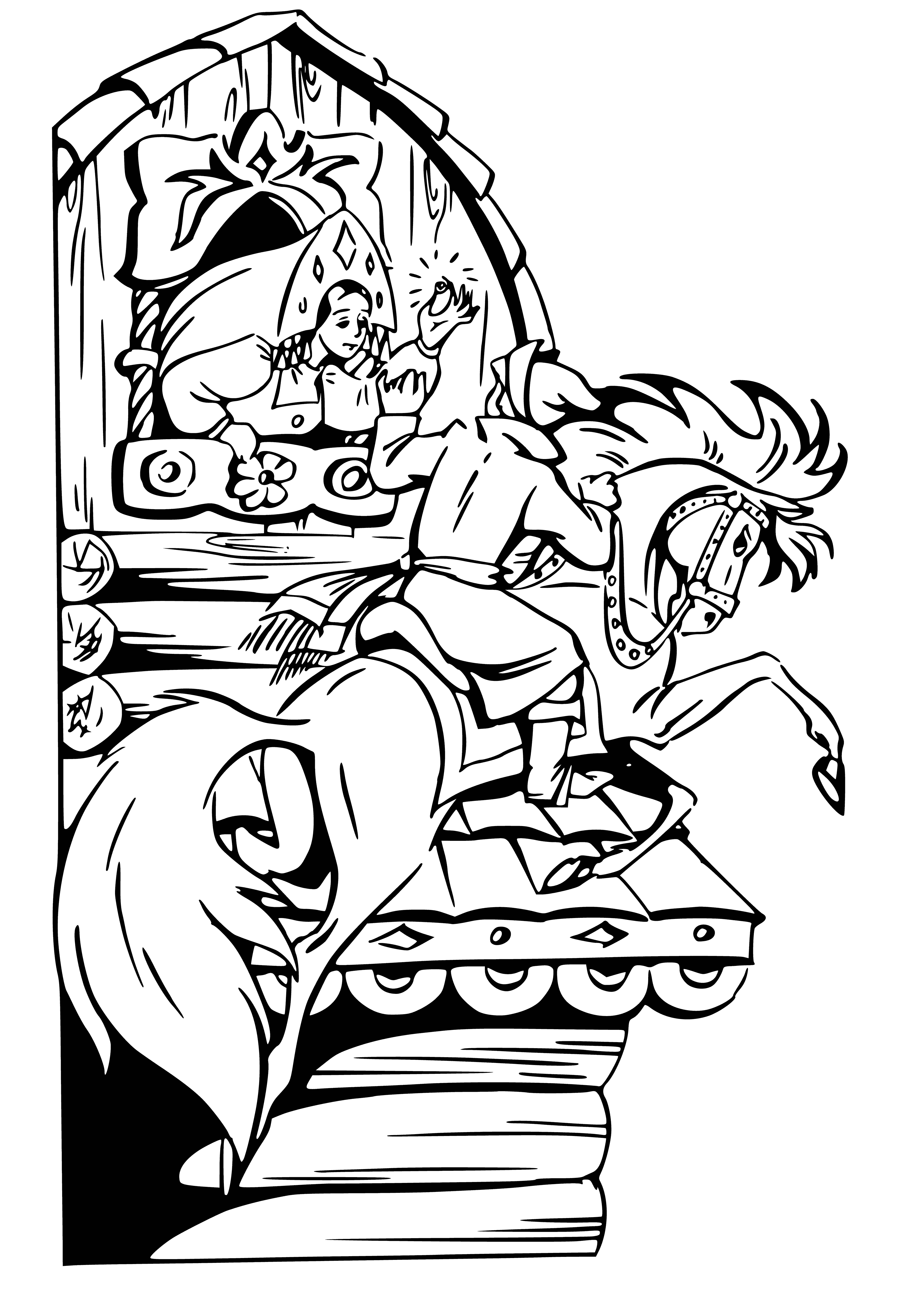 coloring page: Princess trapped in tower guarded by a dragon, snake chasing her. She needs a key to escape.