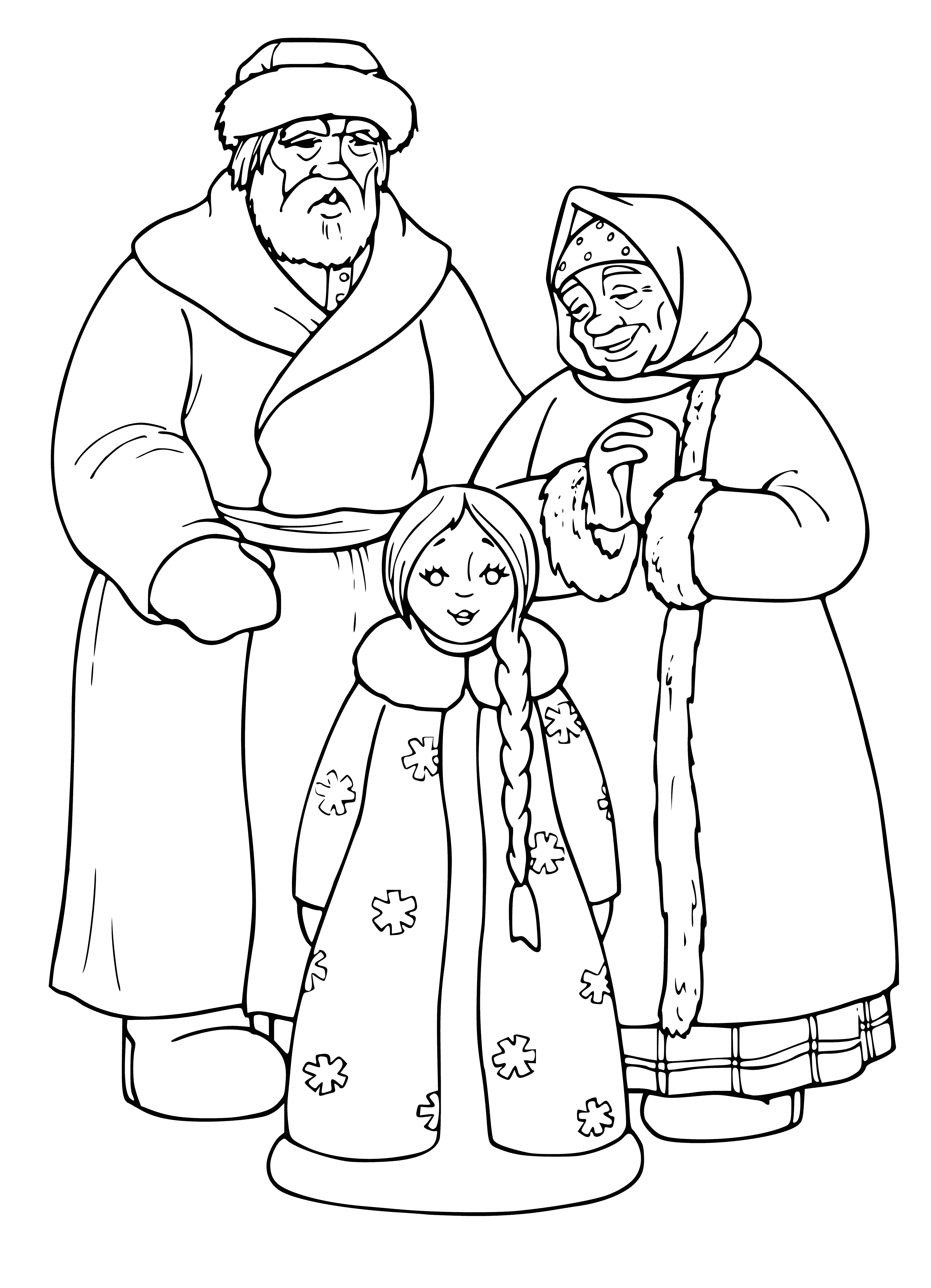 coloring page: Girl of snow, blue scarf, broom, sitting in snowy forest.