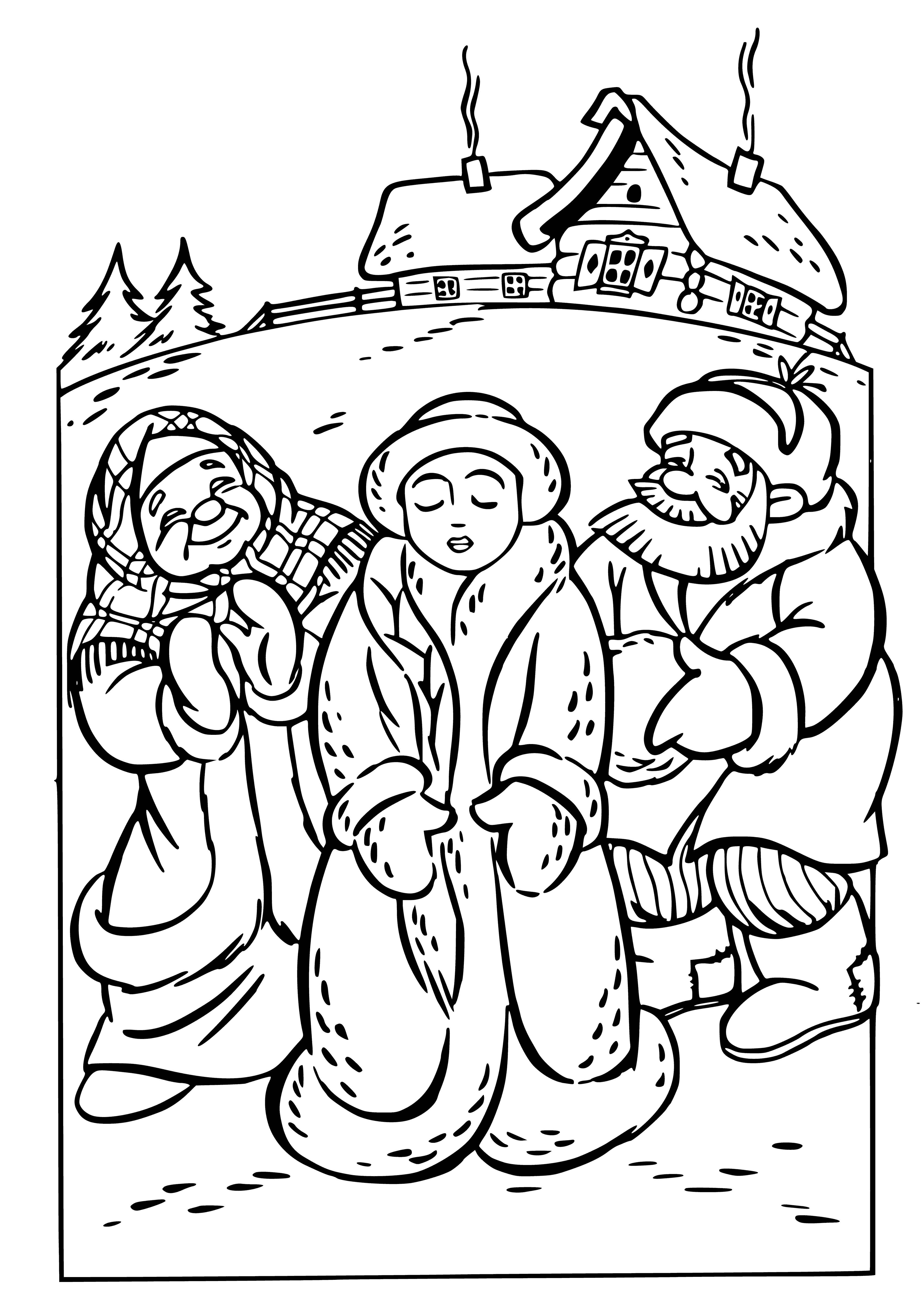 coloring page: Snow maiden stands in field, wearing white dress, scarf. Pale face, blue eyes, small nose, red lips, blond curls. Holding staff in left hand.