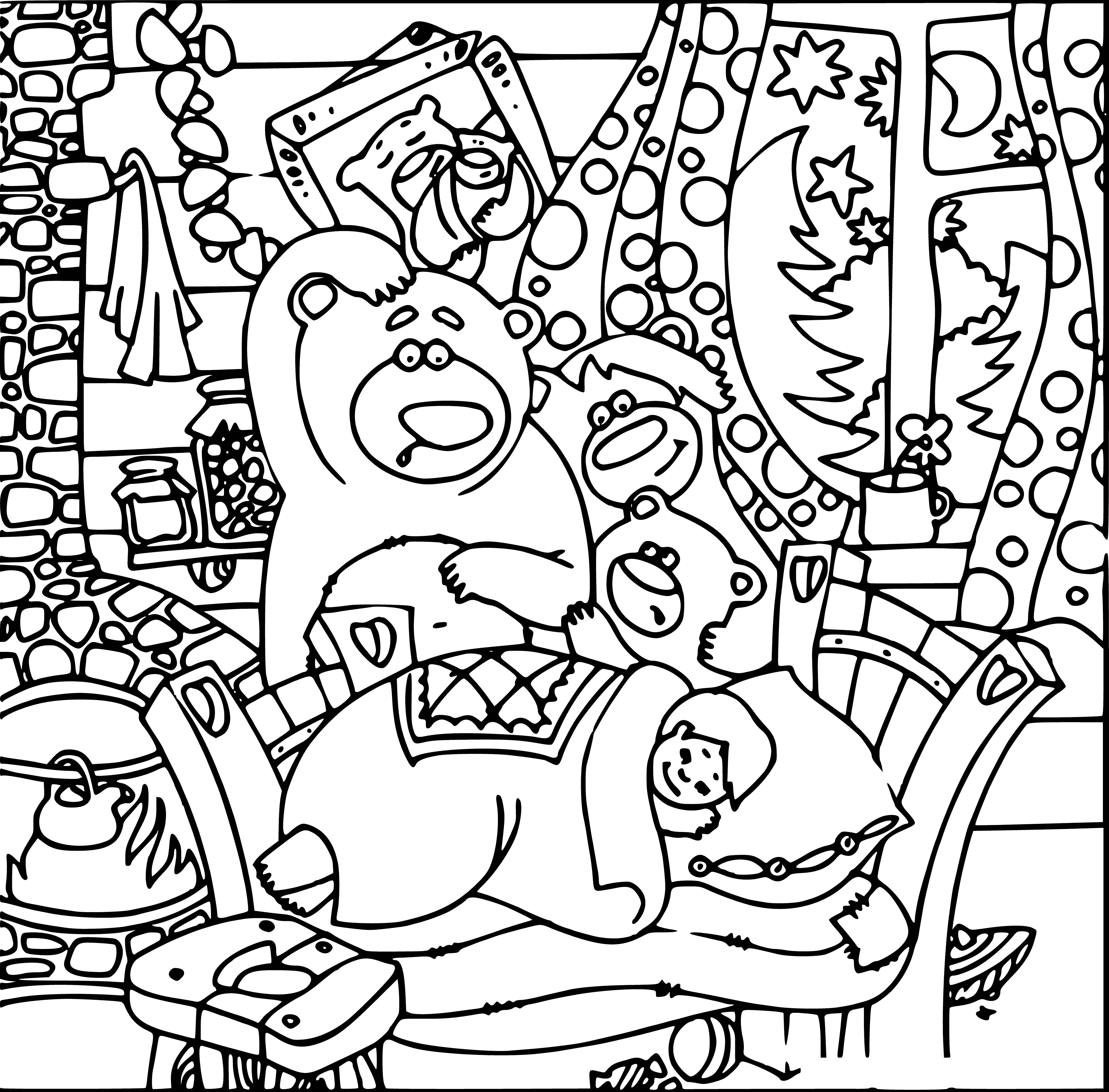 coloring page: Once upon a time three bears lived together in the forest and went into the house of a little girl. Despite being too big for the chairs & porridge, Baby Bear was just the right size & fell asleep in her bed. The little girl was scared & ran out so the bears also ran away never to return.