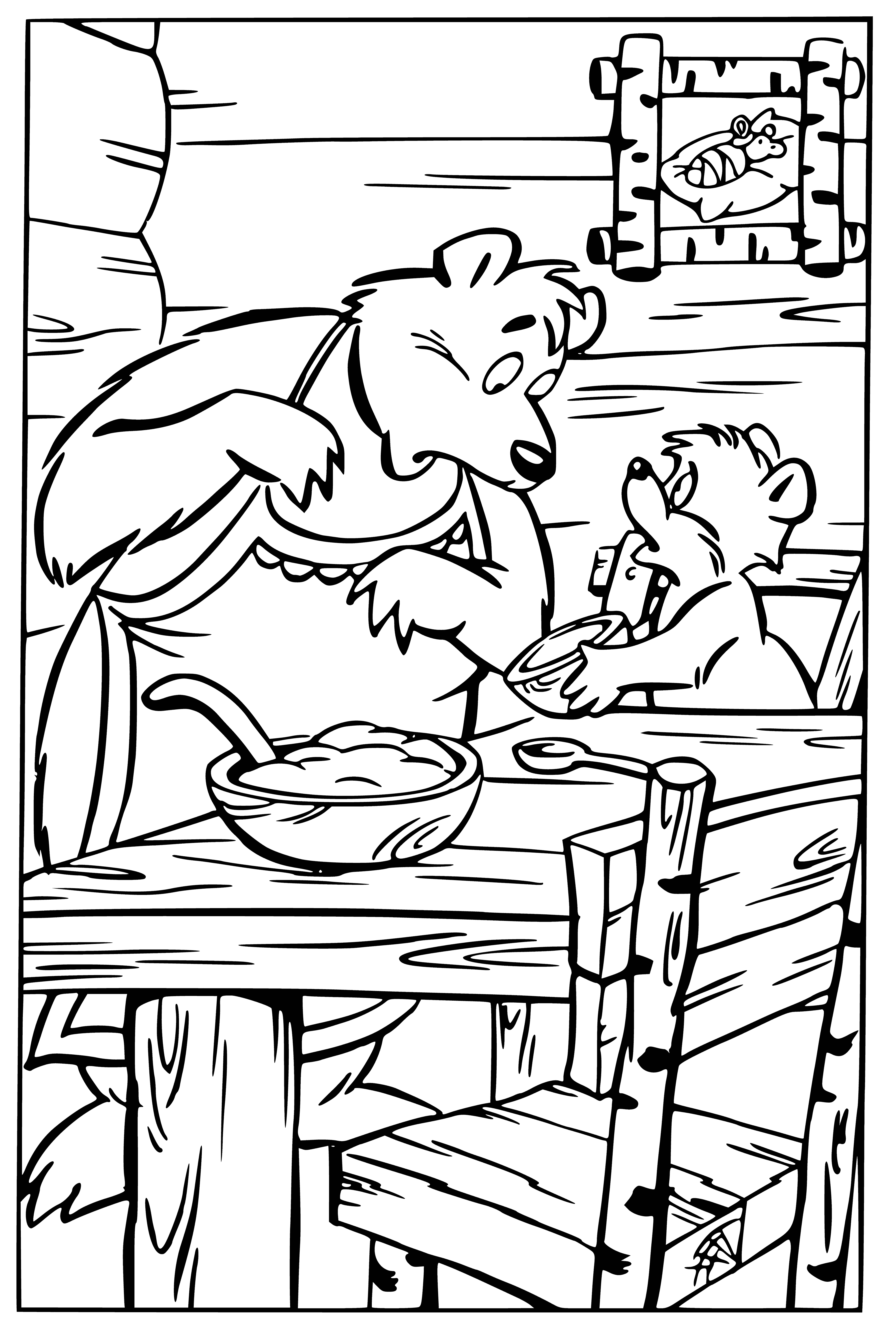 coloring page: Girl sitting at table, looking at bowl of soup. Cat nearby watching her with spoon in hand.