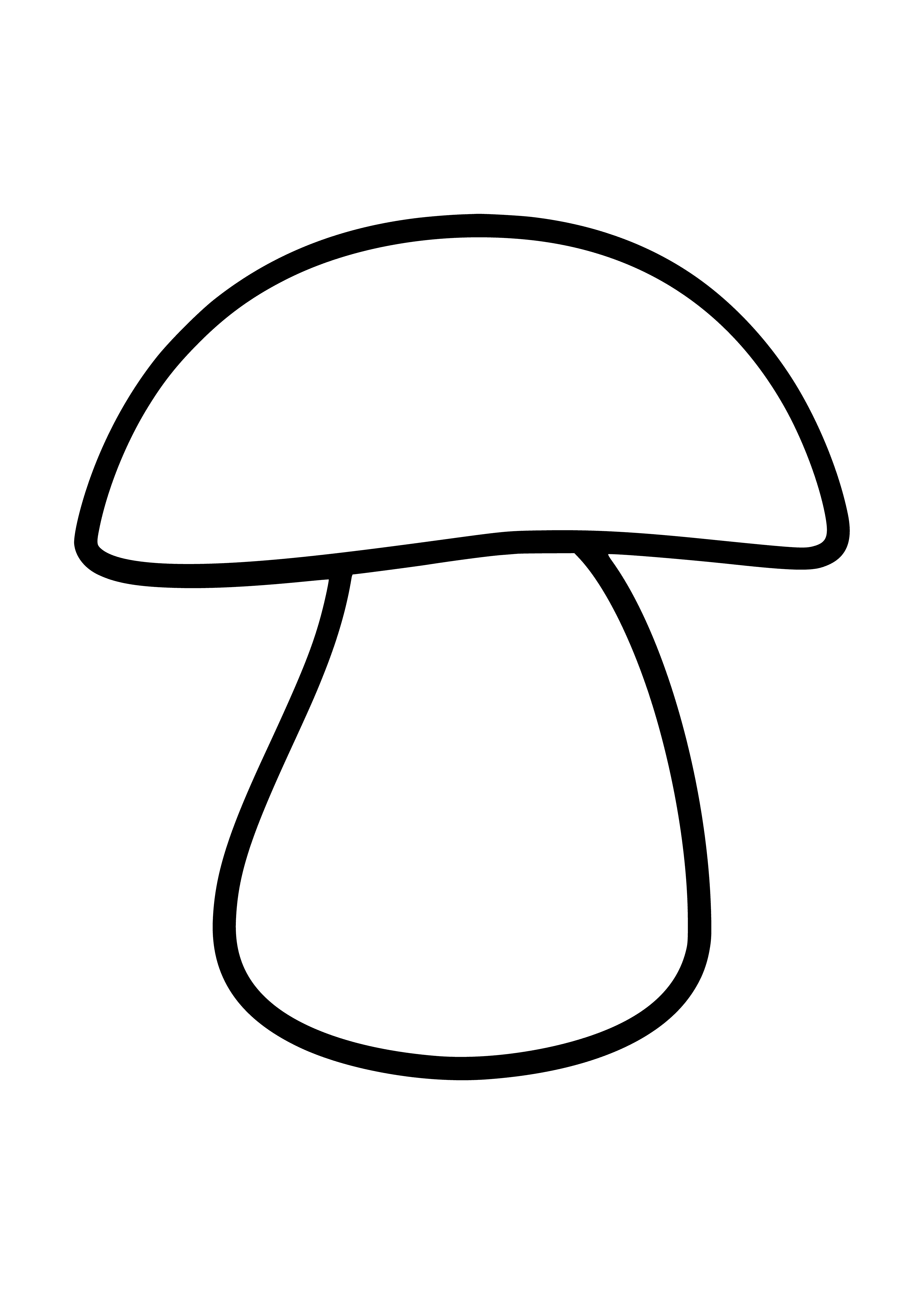 coloring page: Mushroom with pale pink cap, white spots and thin, light brown stem surrounded by yellow and white flowers.