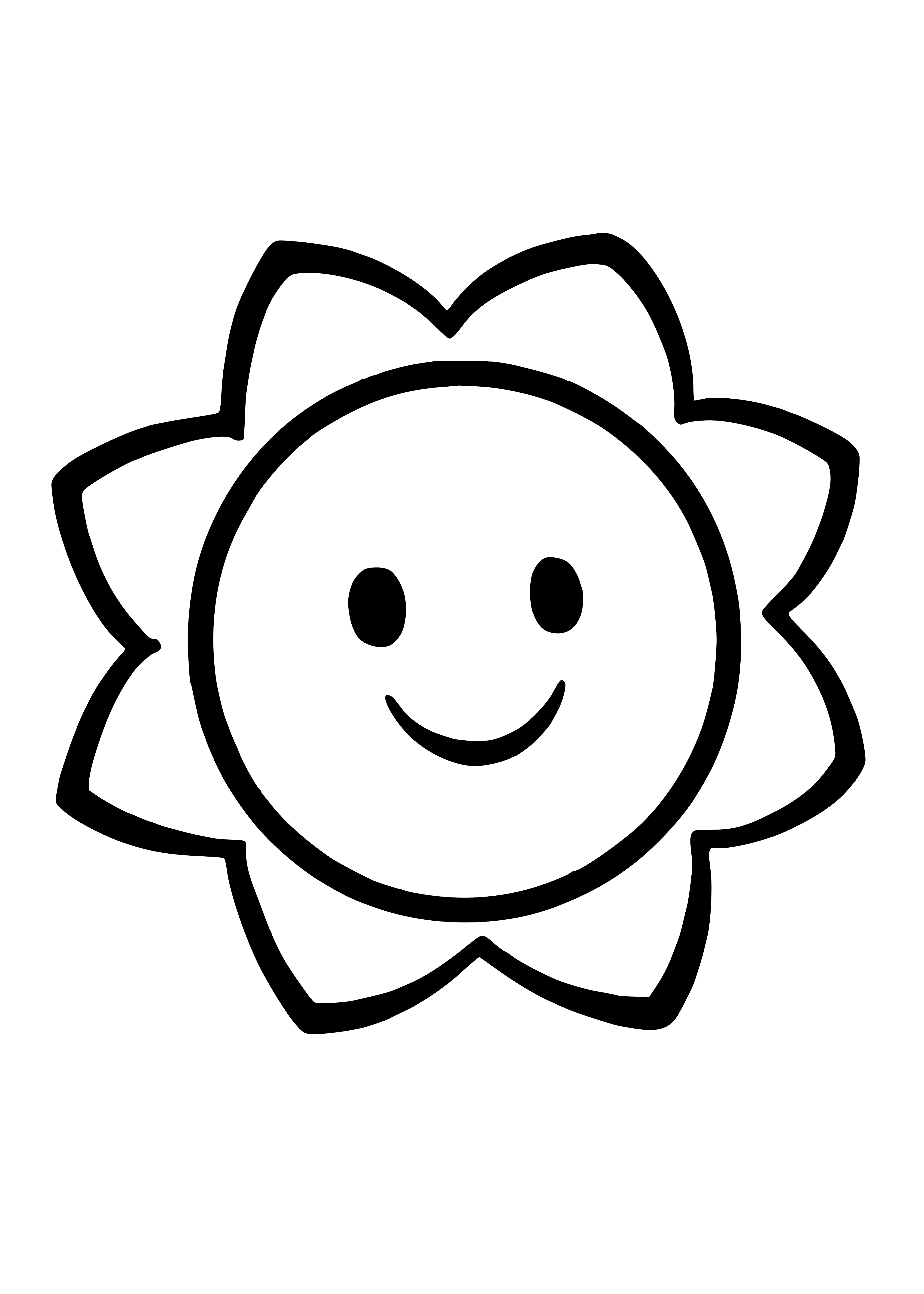 coloring page: A smiling sun with yellow face and orange rays.