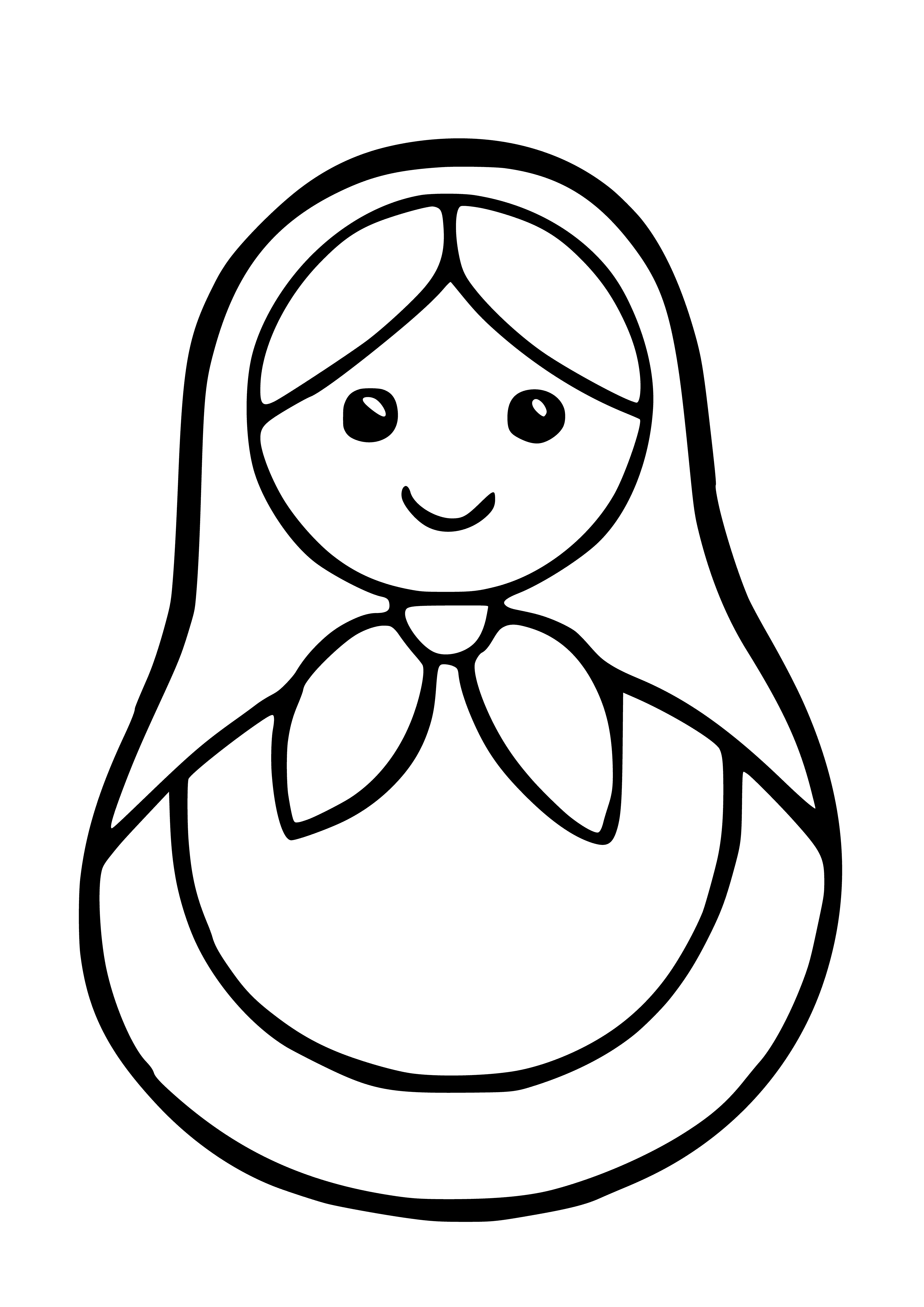 coloring page: Six dolls in a row, decr. size; largest is red, green & wht, smallest red, wht & grn.