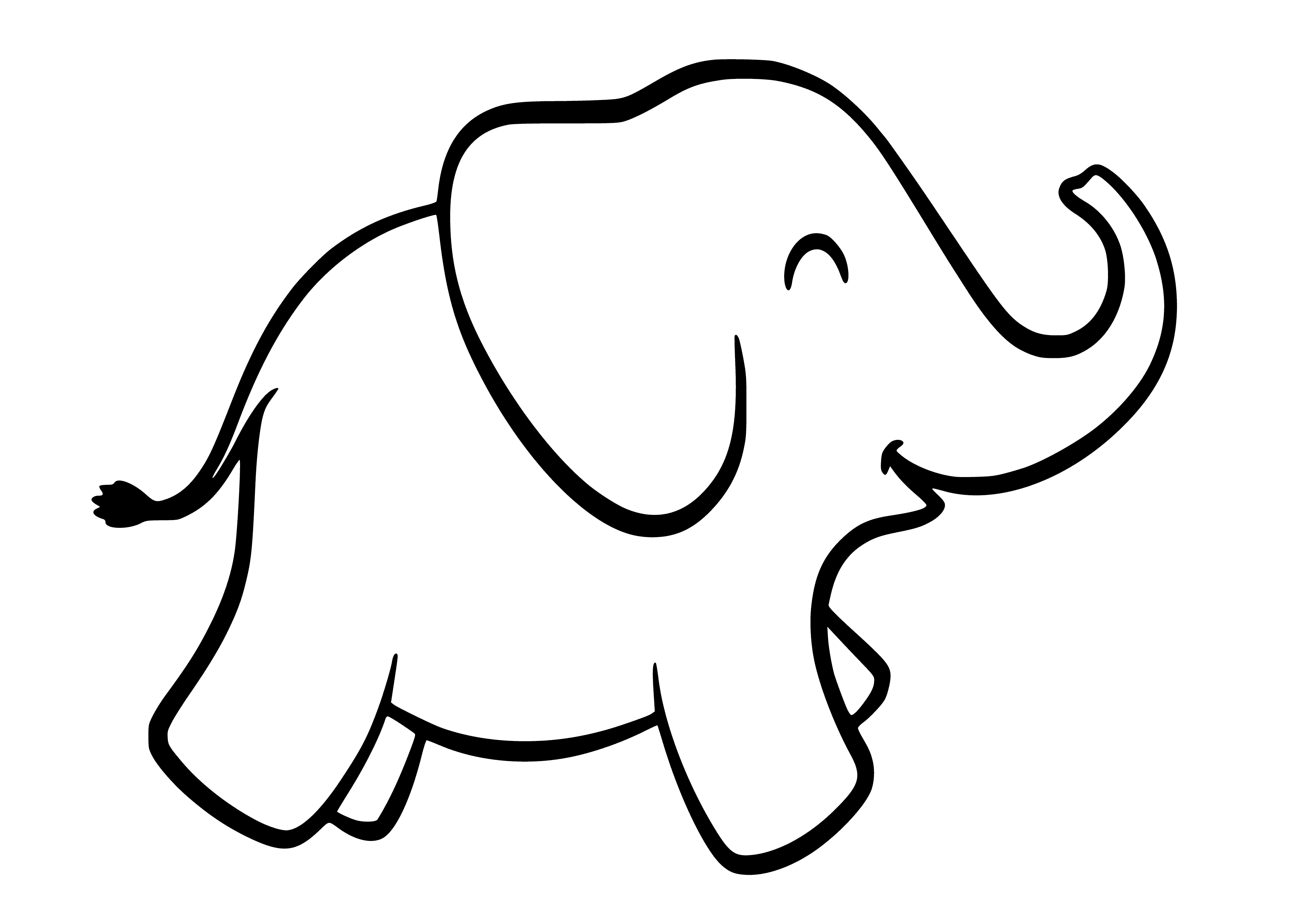 coloring page: Gray elephant in a green field, long trunk and big ears, yellow sun in the sky.