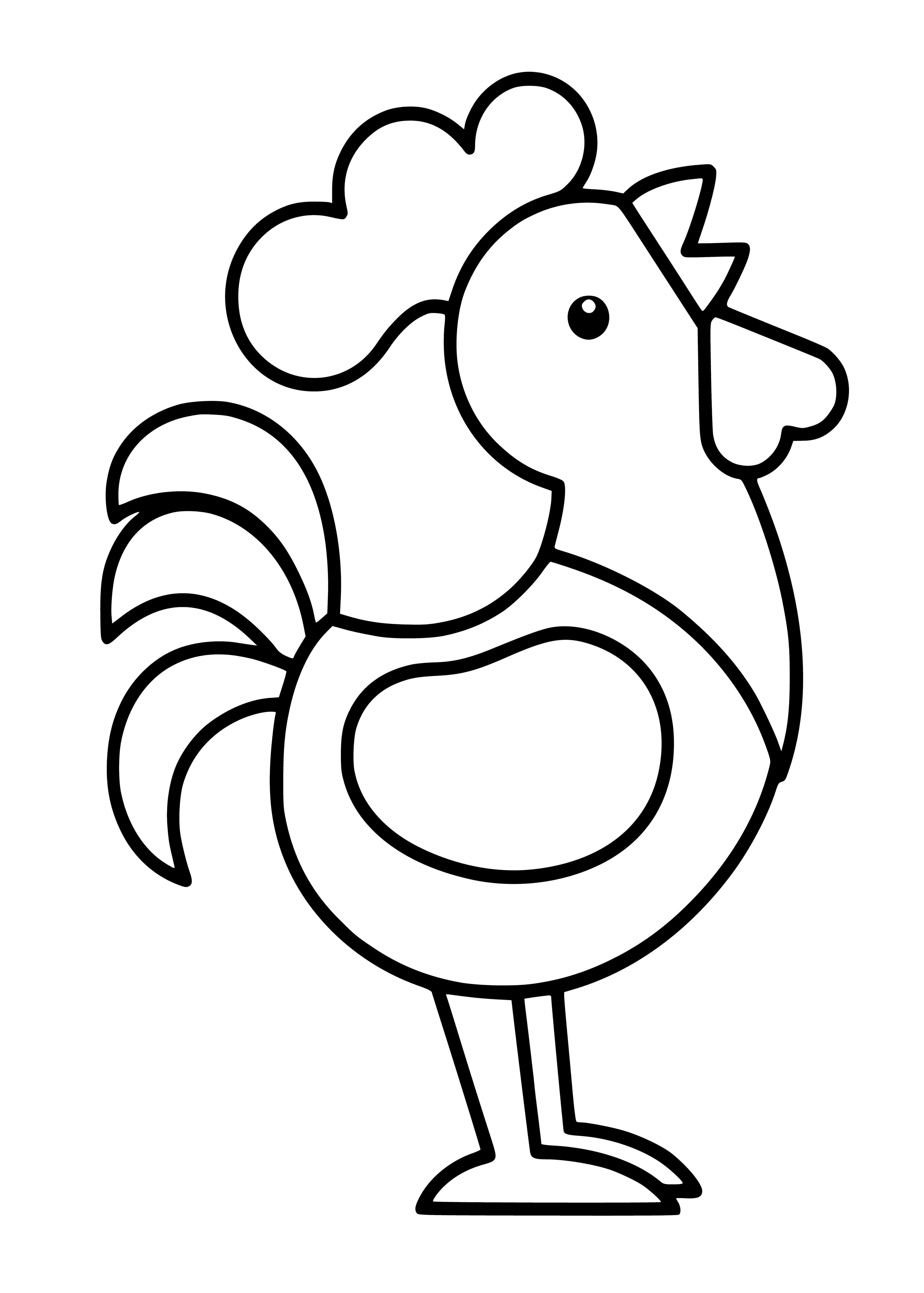 coloring page: Black & white rooster w/ yellow feet & red comb stands on a farm gate.