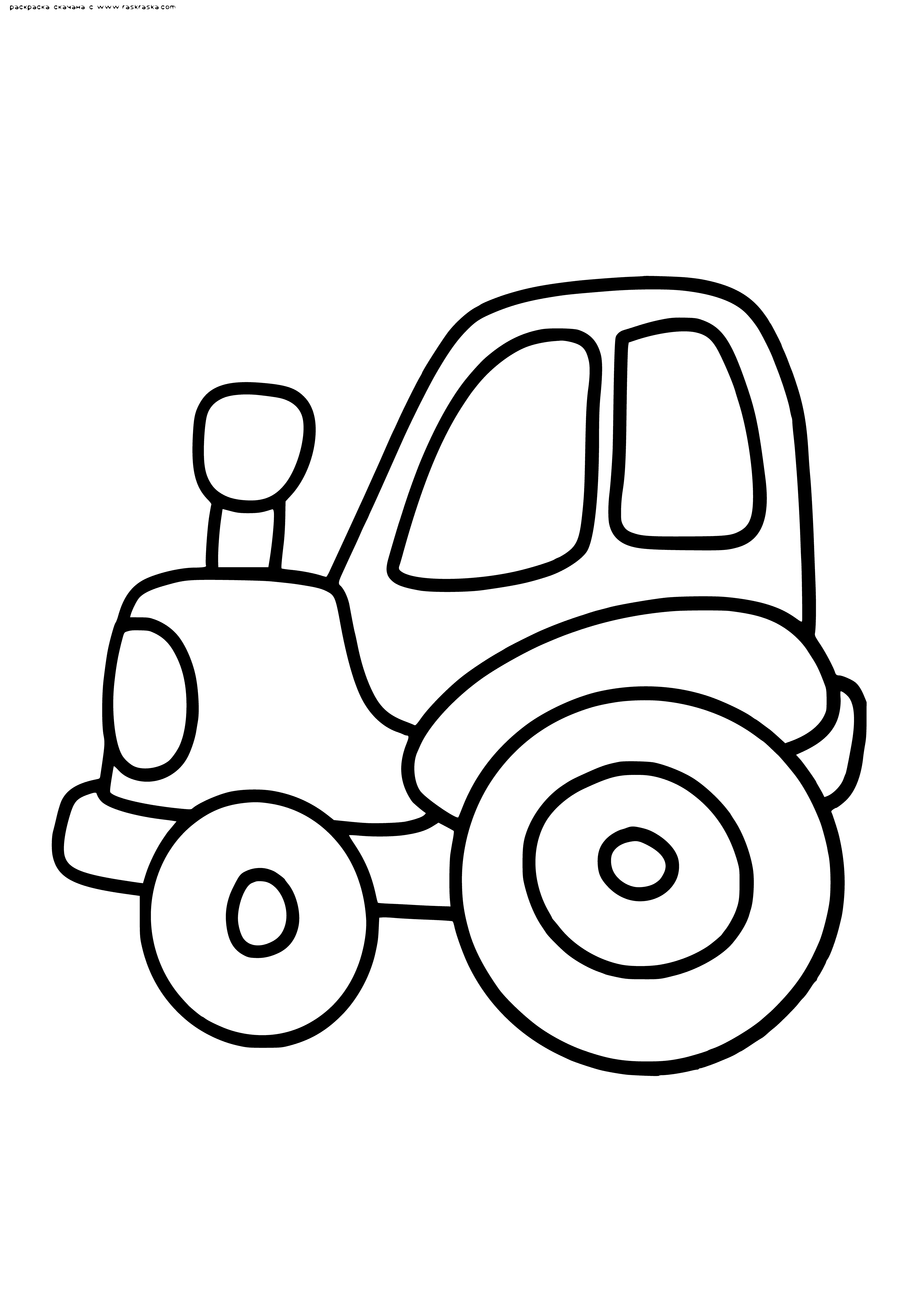 coloring page: Tractor drives through green field beneath blue sky.