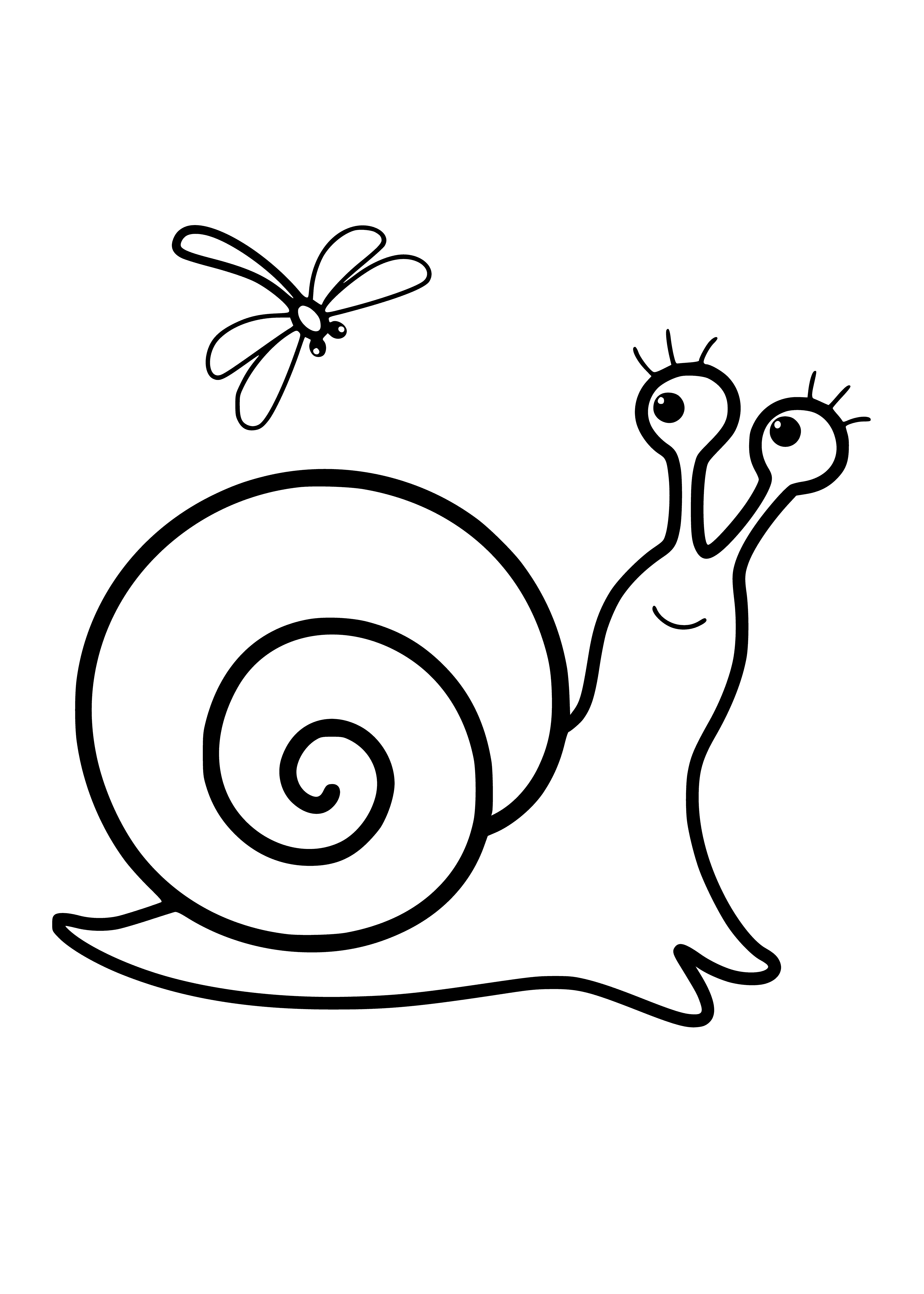 coloring page: Coloring page of snail on leaf w/ brown shell & purple flower next to it.