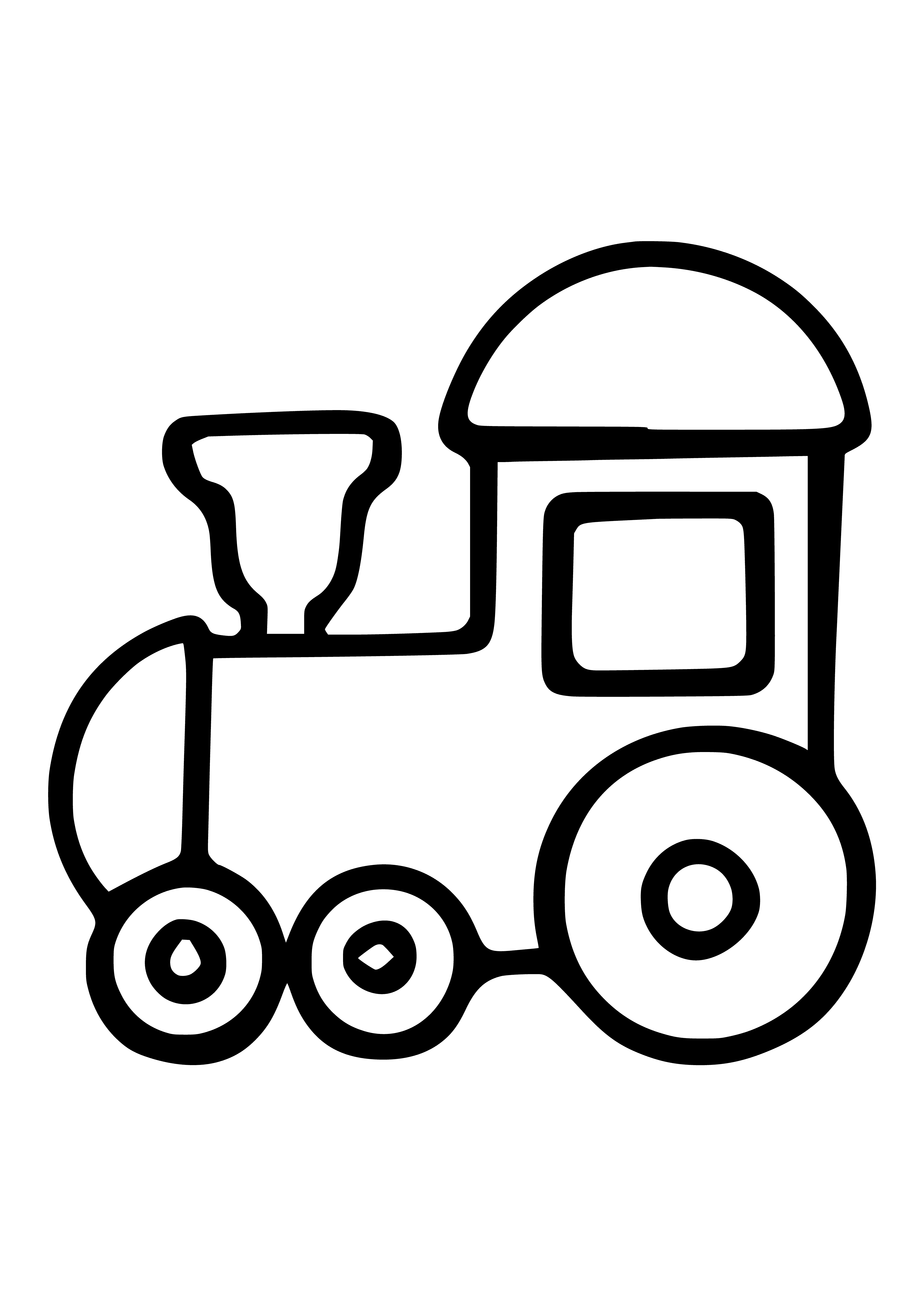 coloring page: A locomotive engine parks on railroad tracks; trees, bushes and grass in the background.
