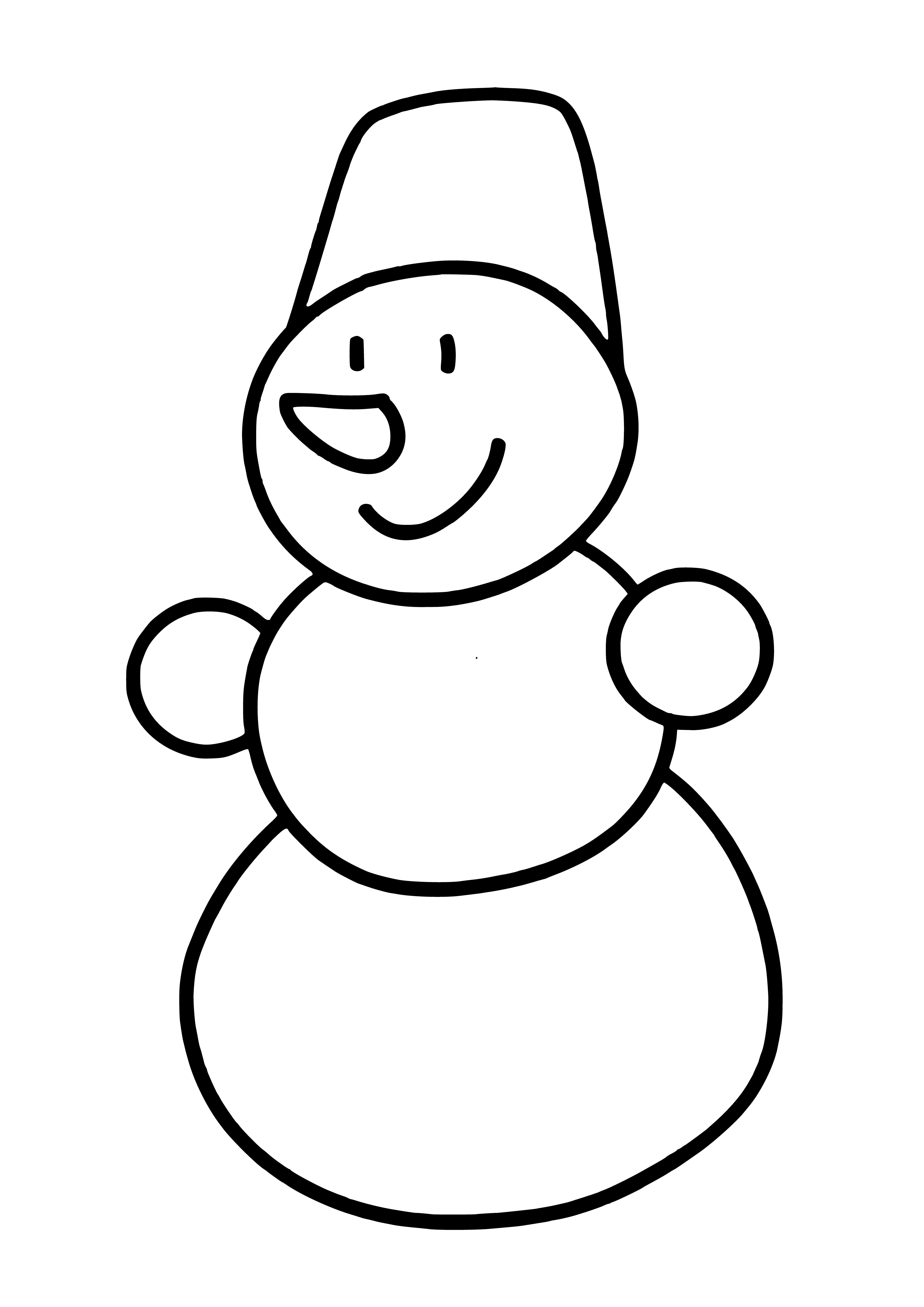 coloring page: A happy snowman with a carrot nose, black top hat, red scarf & outstretched arms smiling at us.