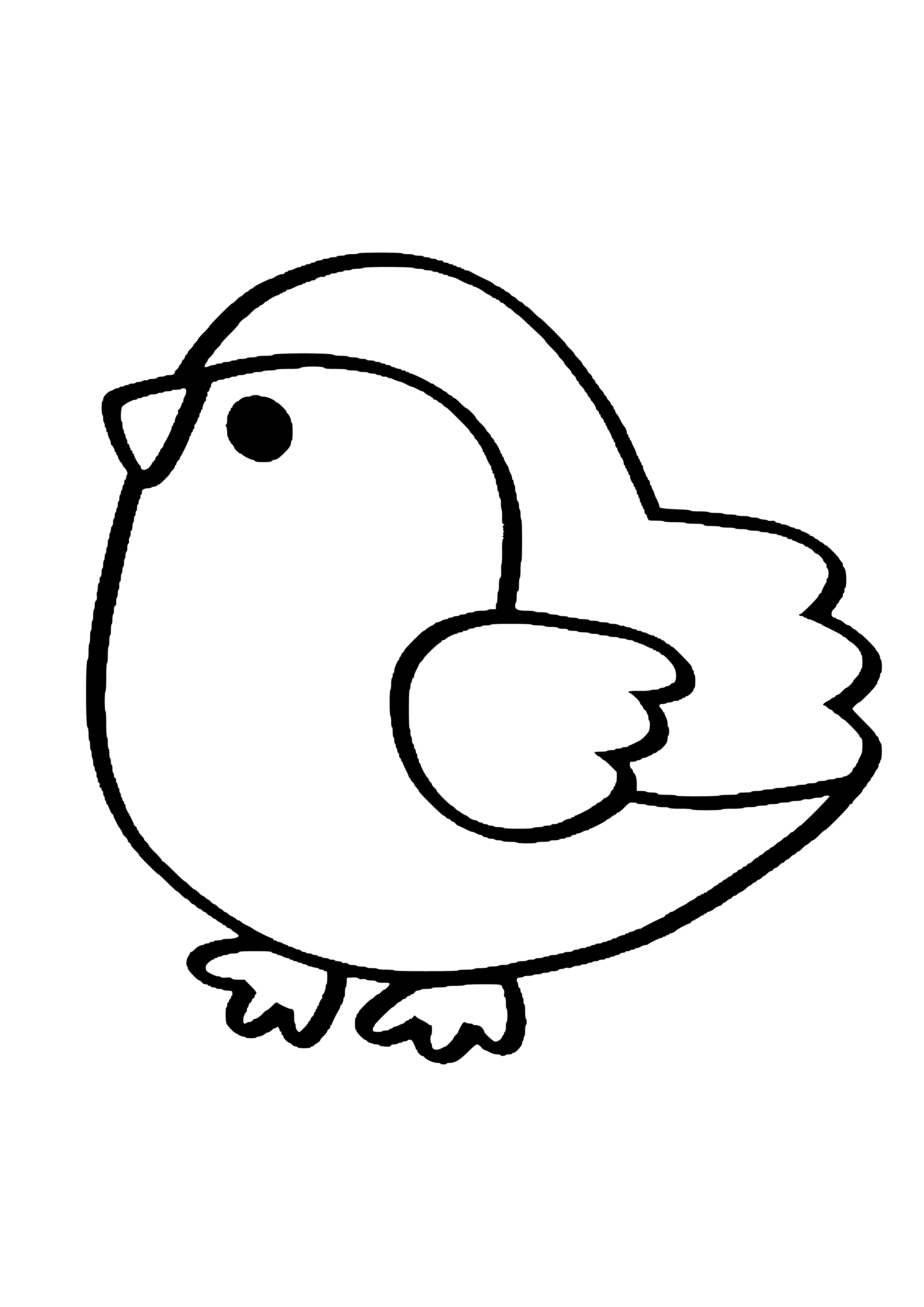 coloring page: Little bird with a yellow beak, black eyes, and a brown body with white chest perched on a branch.