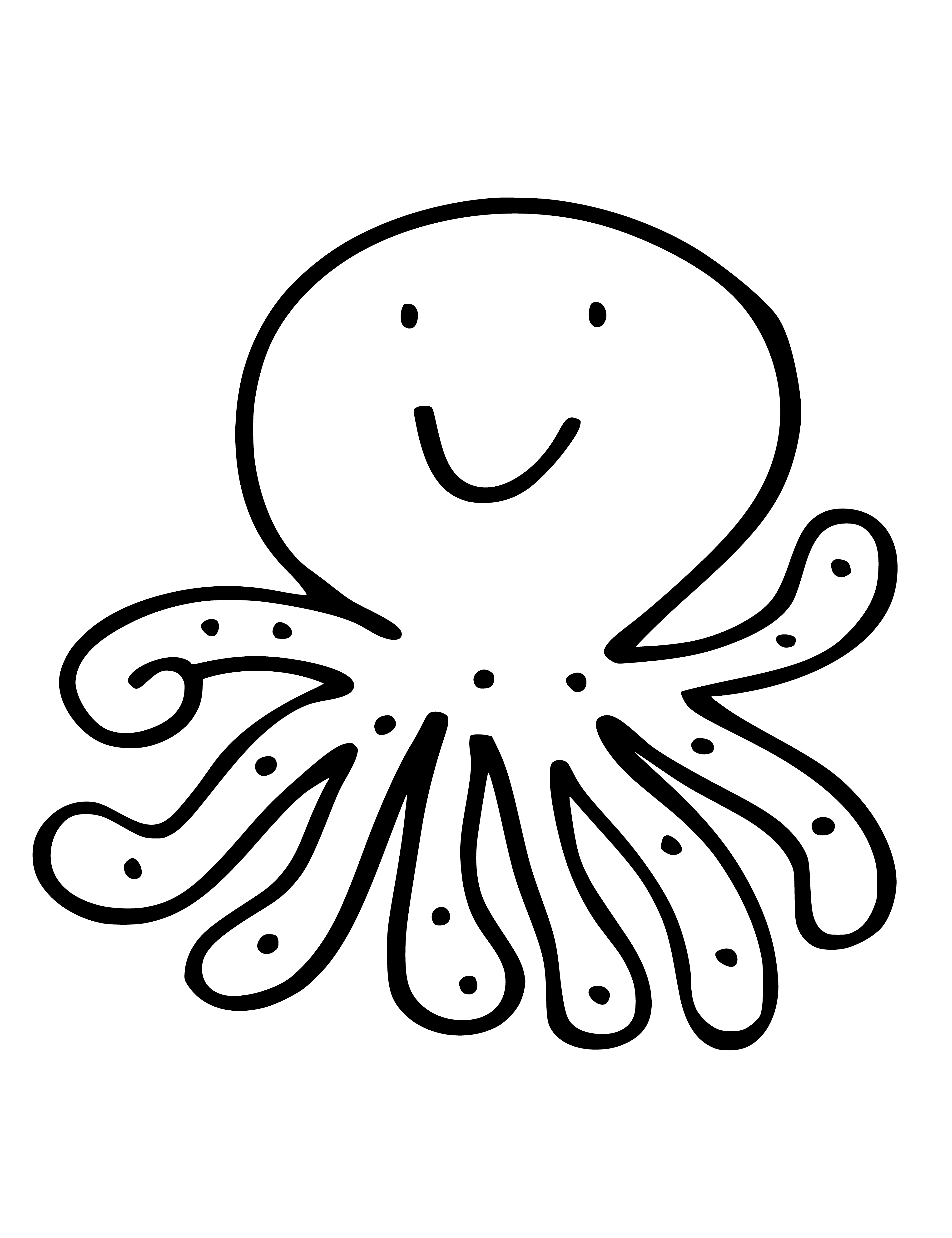 coloring page: An octopus with 8 long legs, round body/head, round black eyes, wide mouth, purple w/ white spots.