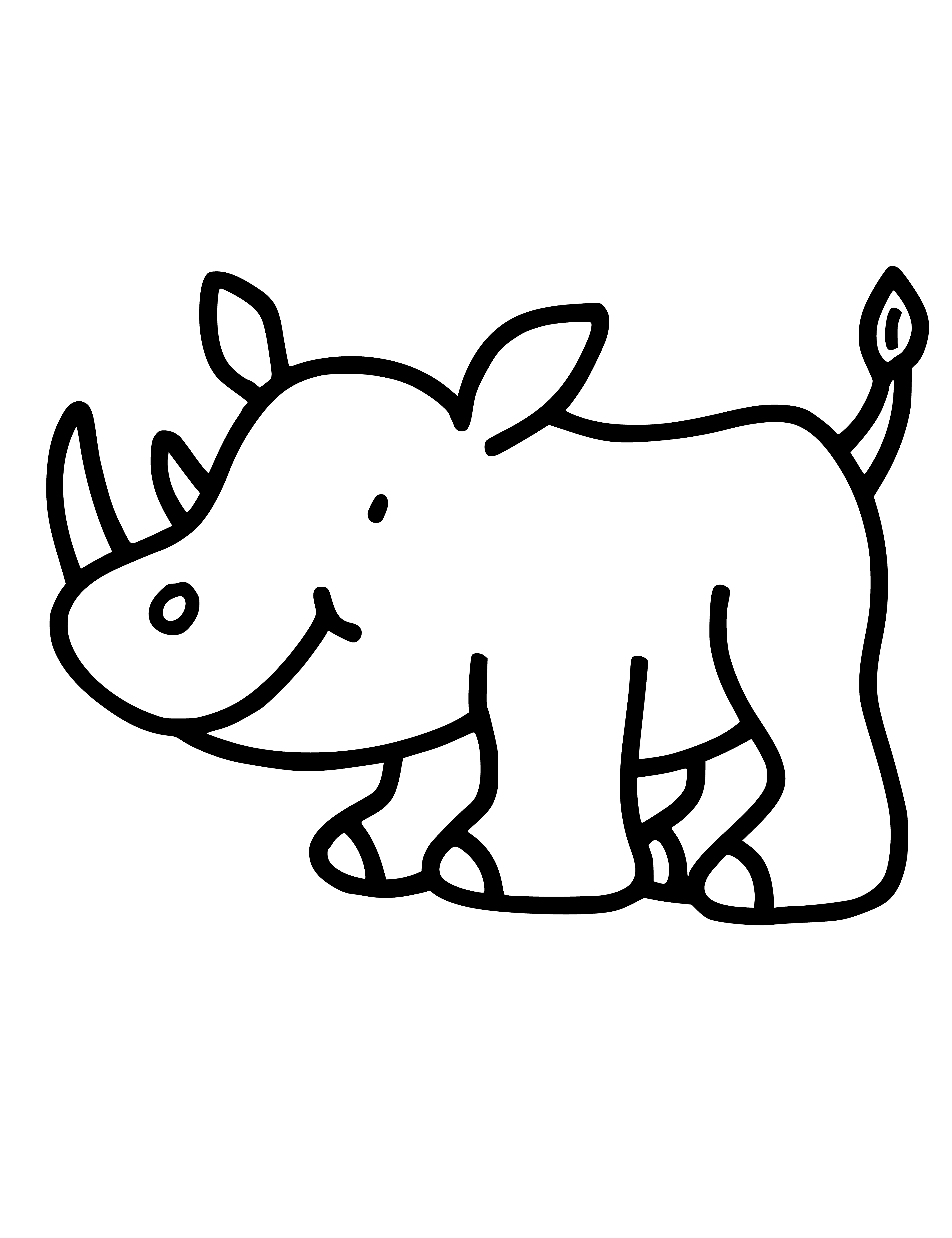 coloring page: 2-3 year-olds can color a rhino surrounded by trees and flowers. Its gray with a long horn on its nose.