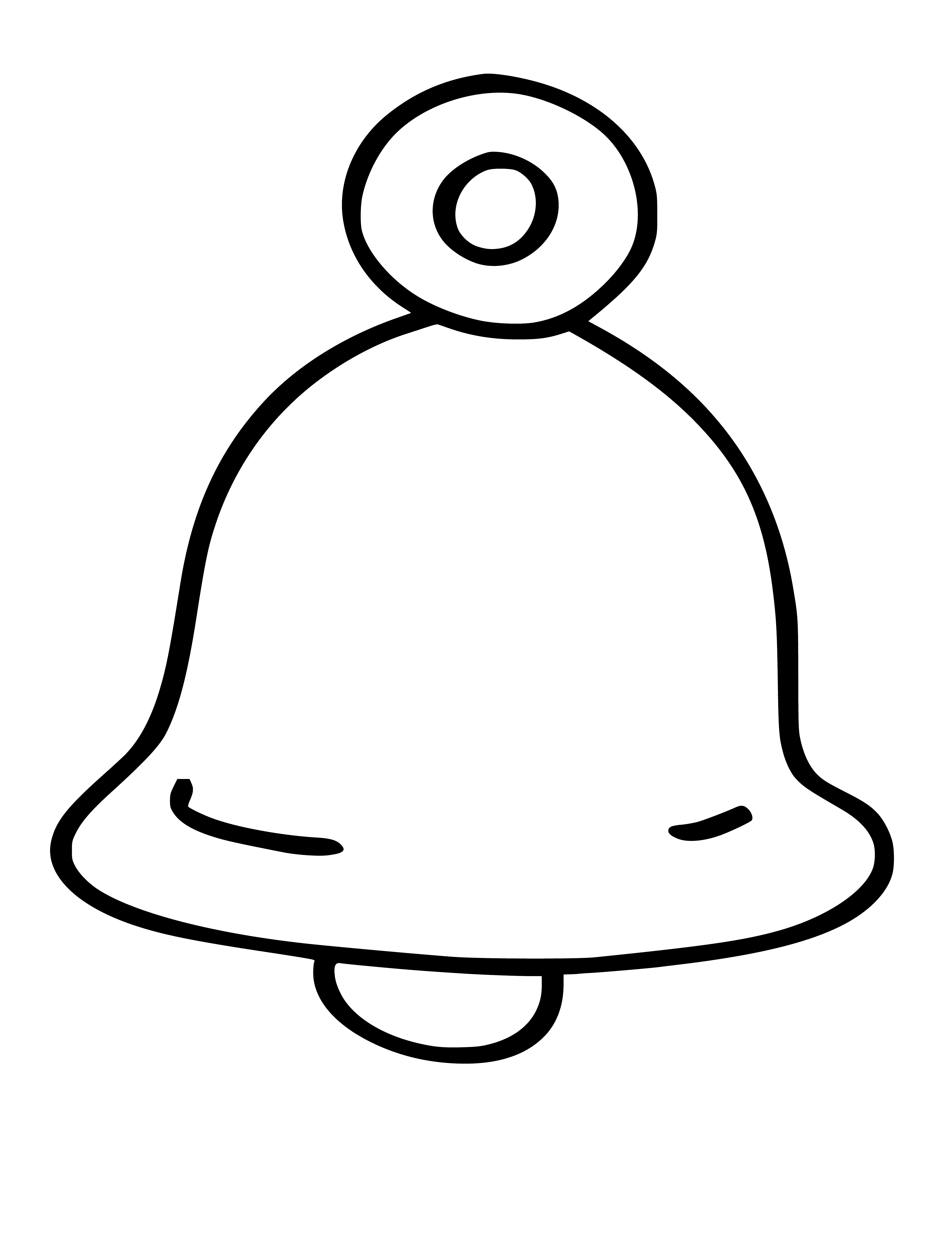 coloring page: A large red bell with triangle top & curved body is surrounded by a green circle. 3 green flowers near bottom & 2 yellow stars near top.