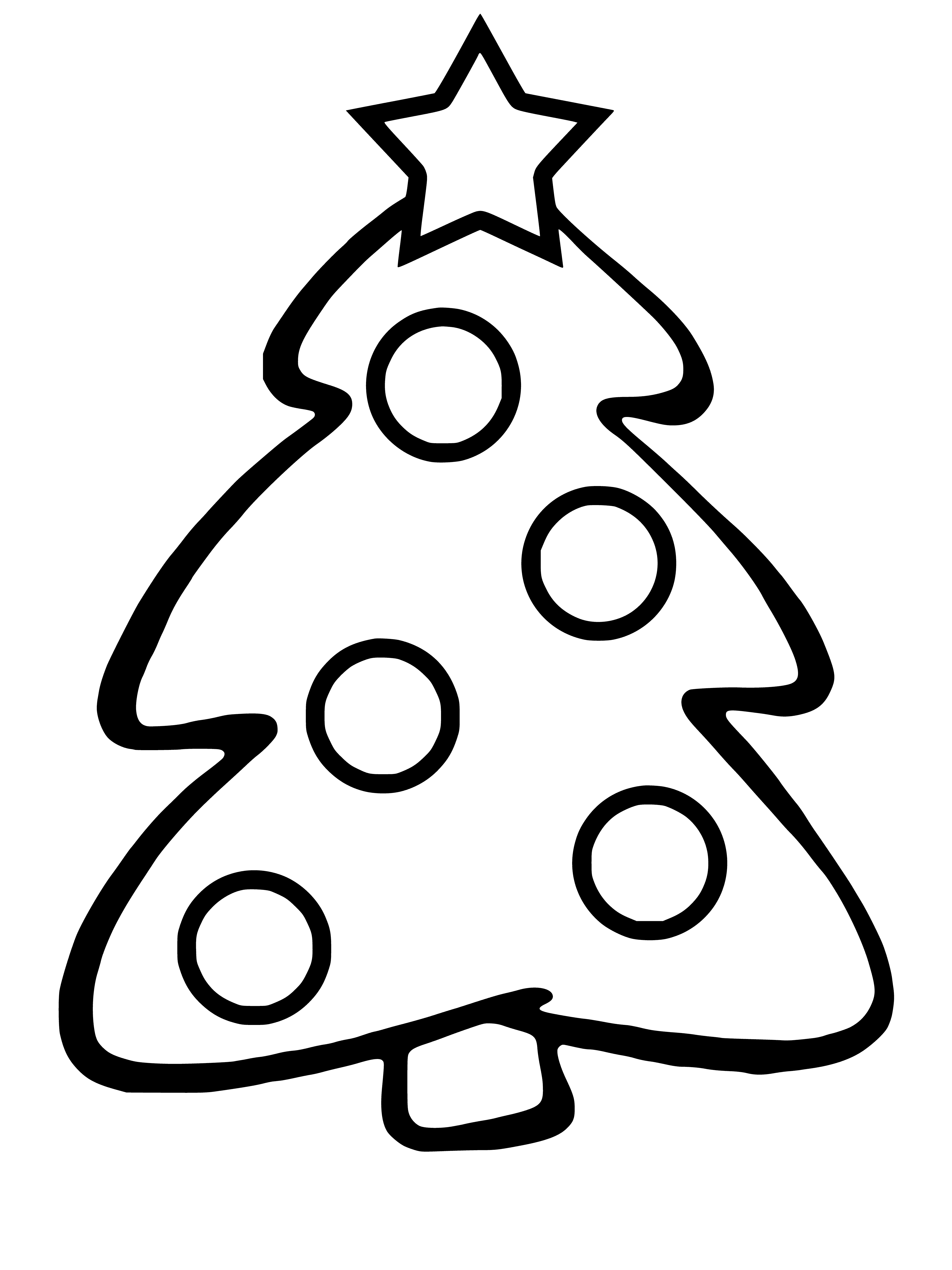 coloring page: Christmas tree with presents and ornaments, a red toy train on left, green toy frog on right and a yellow star in the middle.