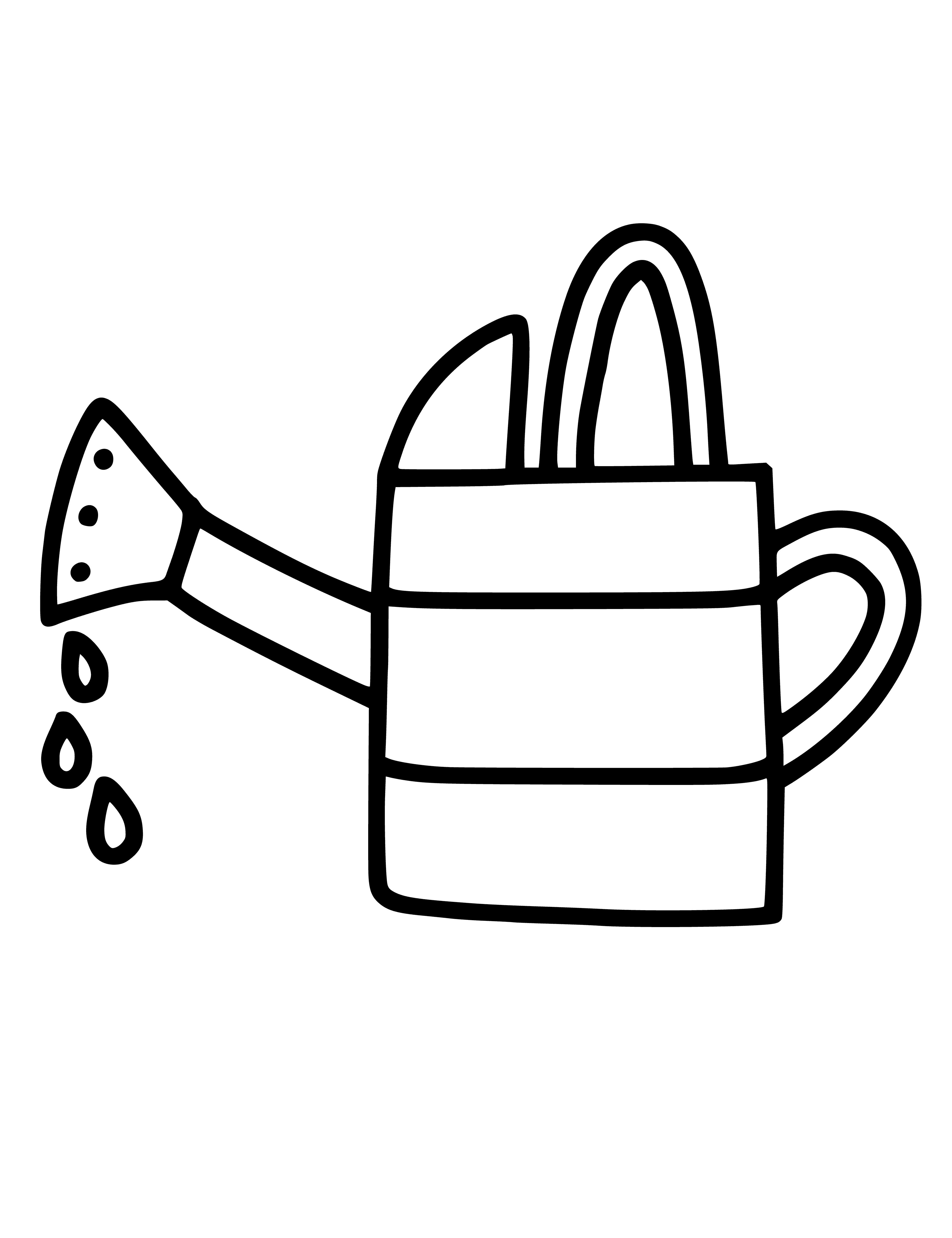 coloring page: Watering can in center of page; red w/yellow handle, water flowing into green plant.