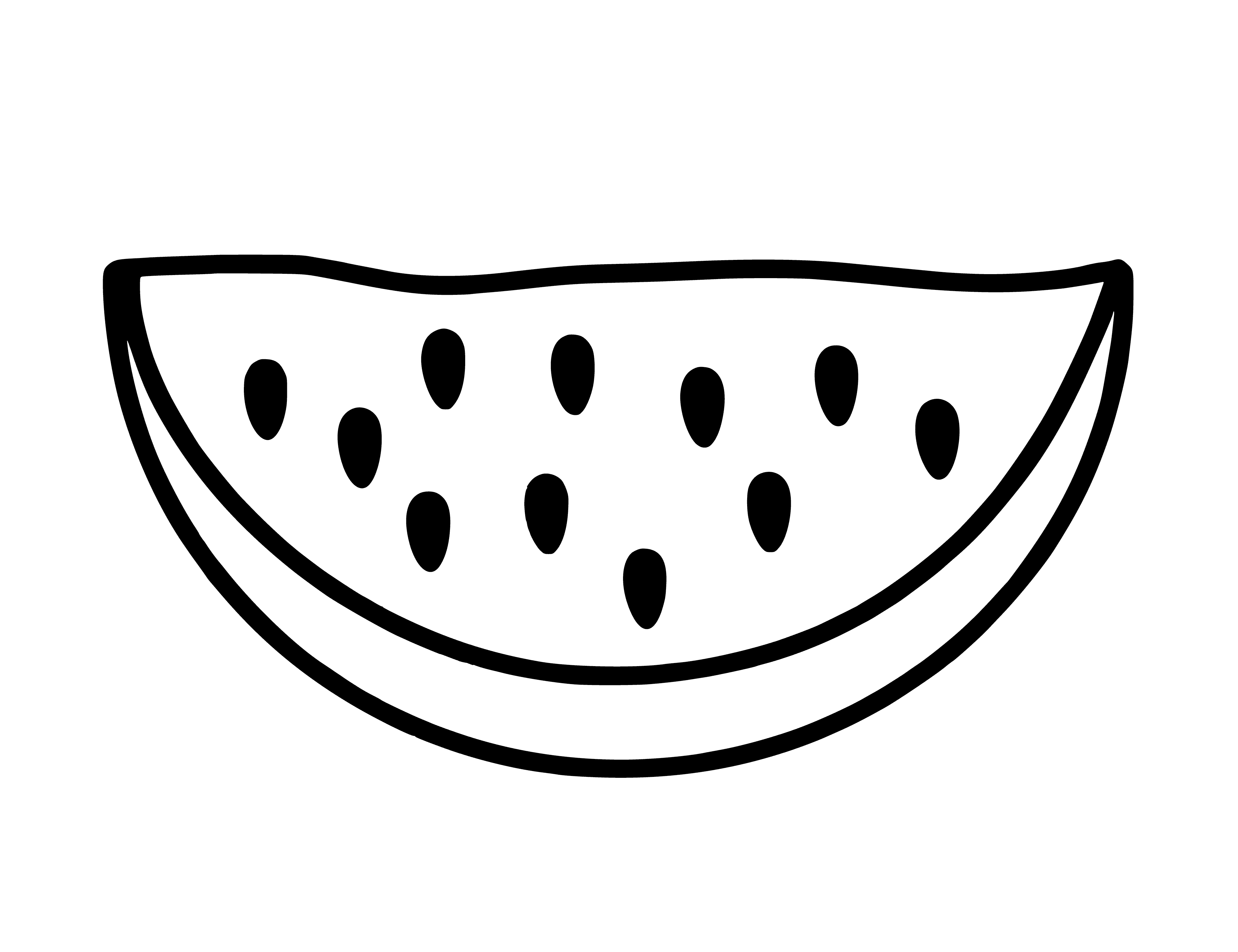 coloring page: Large watermelon with dark stripes, black seeds, cut in half, surrounded by green vine. #fruit