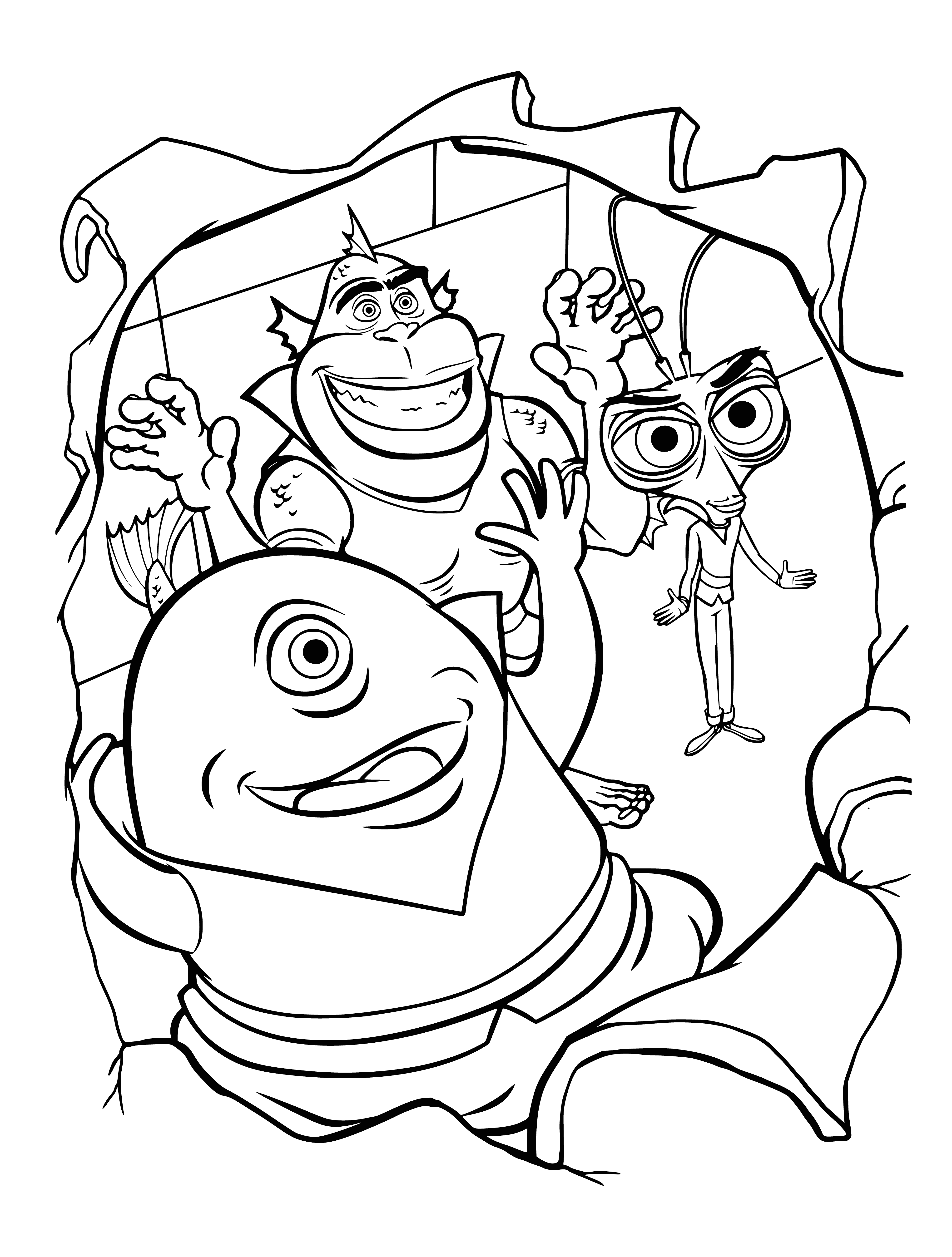coloring page: Creature looms over smaller beings, eyes burning with anger, sharp teeth in open mouth. Smaller beings cower in fear.