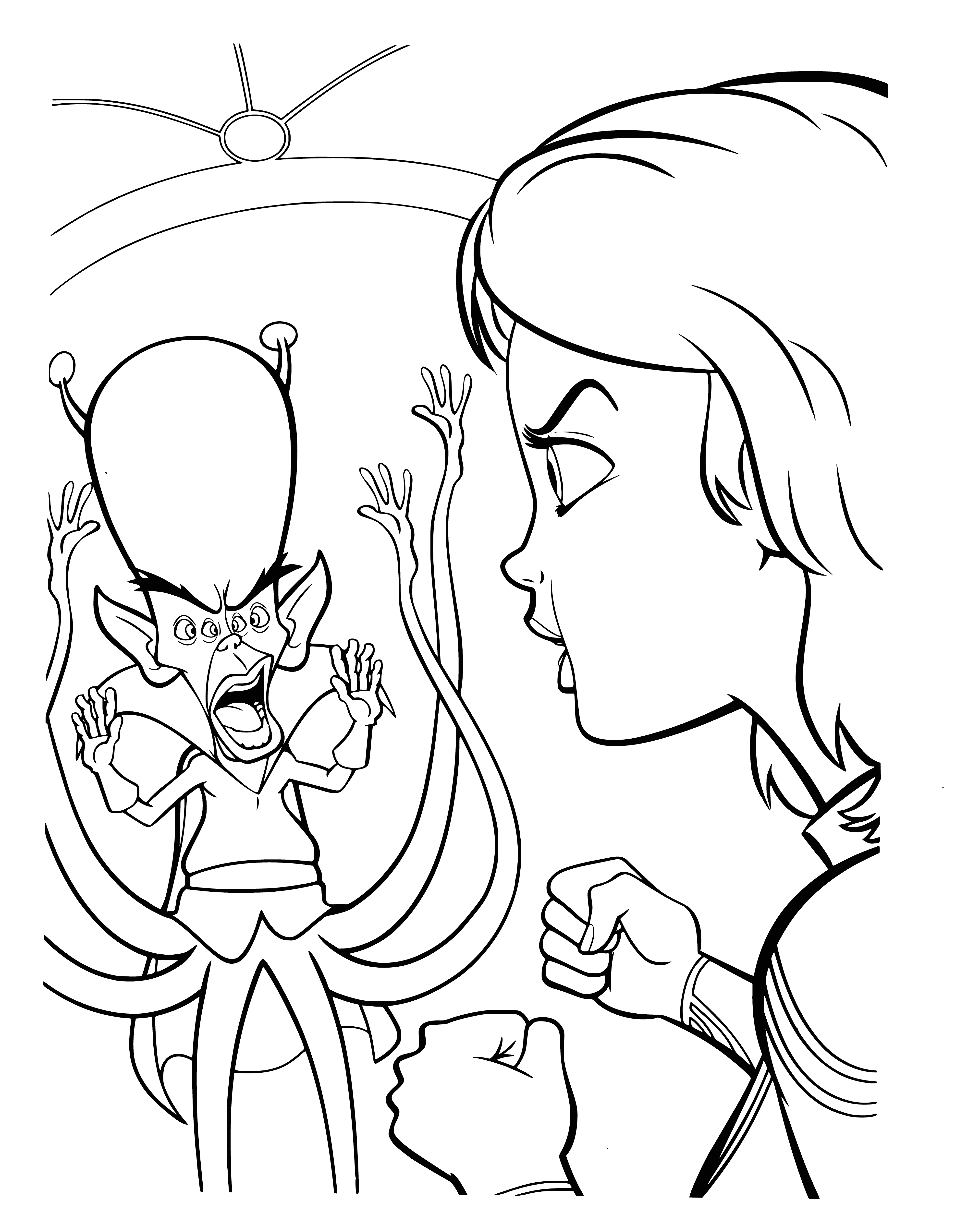 coloring page: Susan and Galactosar battle it out in 'Monsters Vs. Aliens'. They fight fiercely, but who will win?