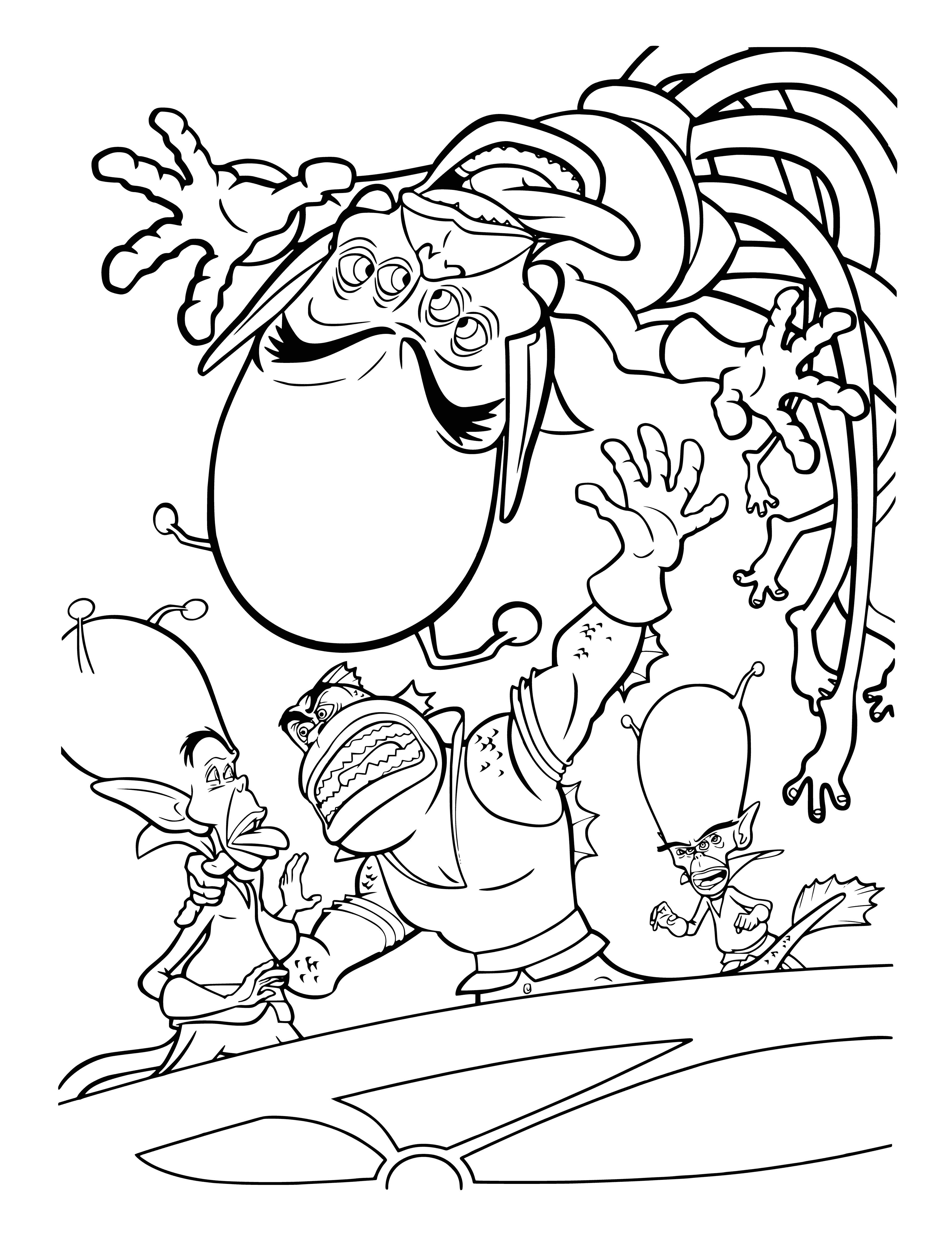 coloring page: Aliens and monsters battle; buildings burning as energy beams shoot from eyes and mouths. People scream, running while monsters punch and kick.