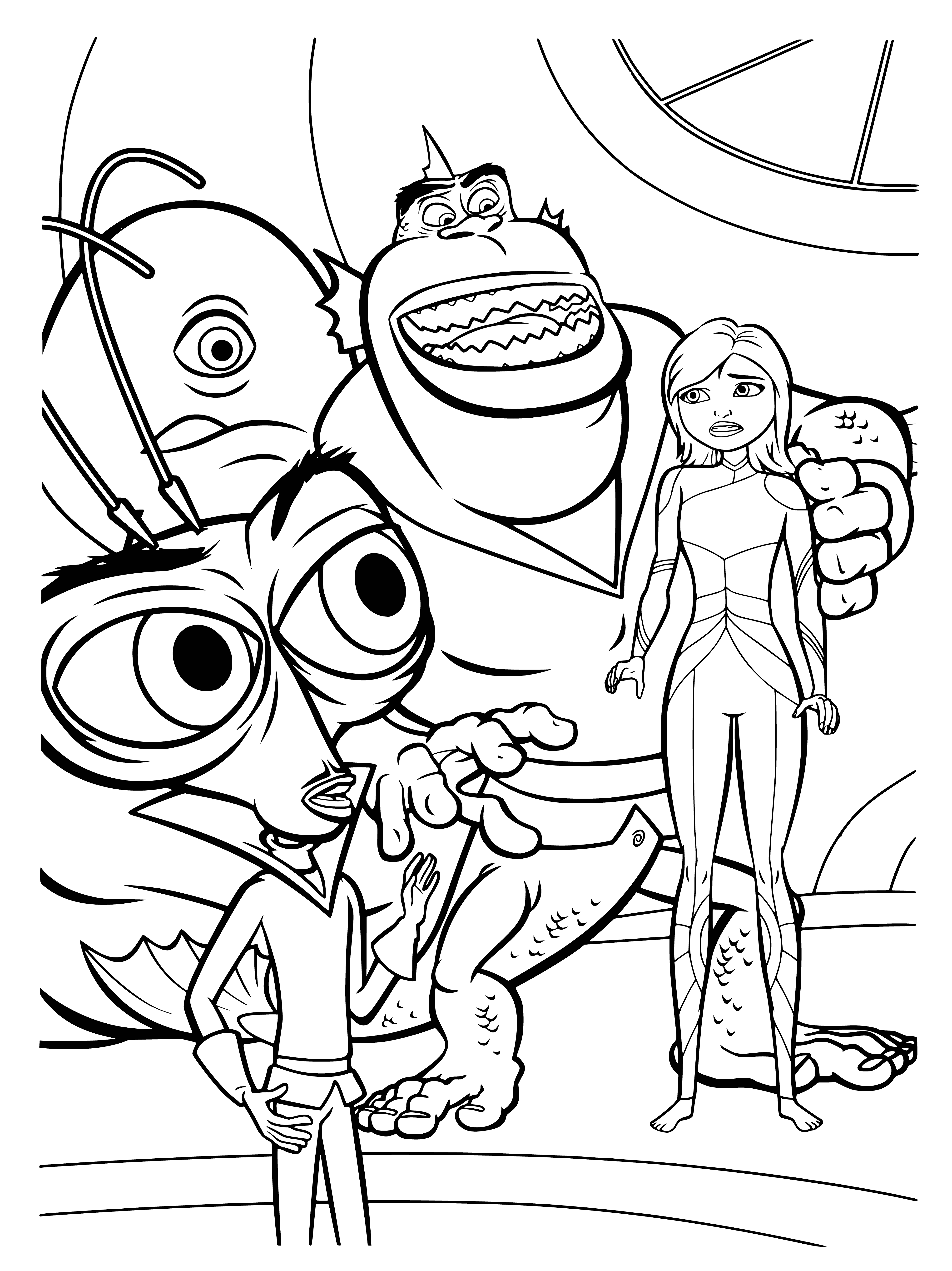 coloring page: Susan transformed into giant monster & attacking city due to alien intervention.