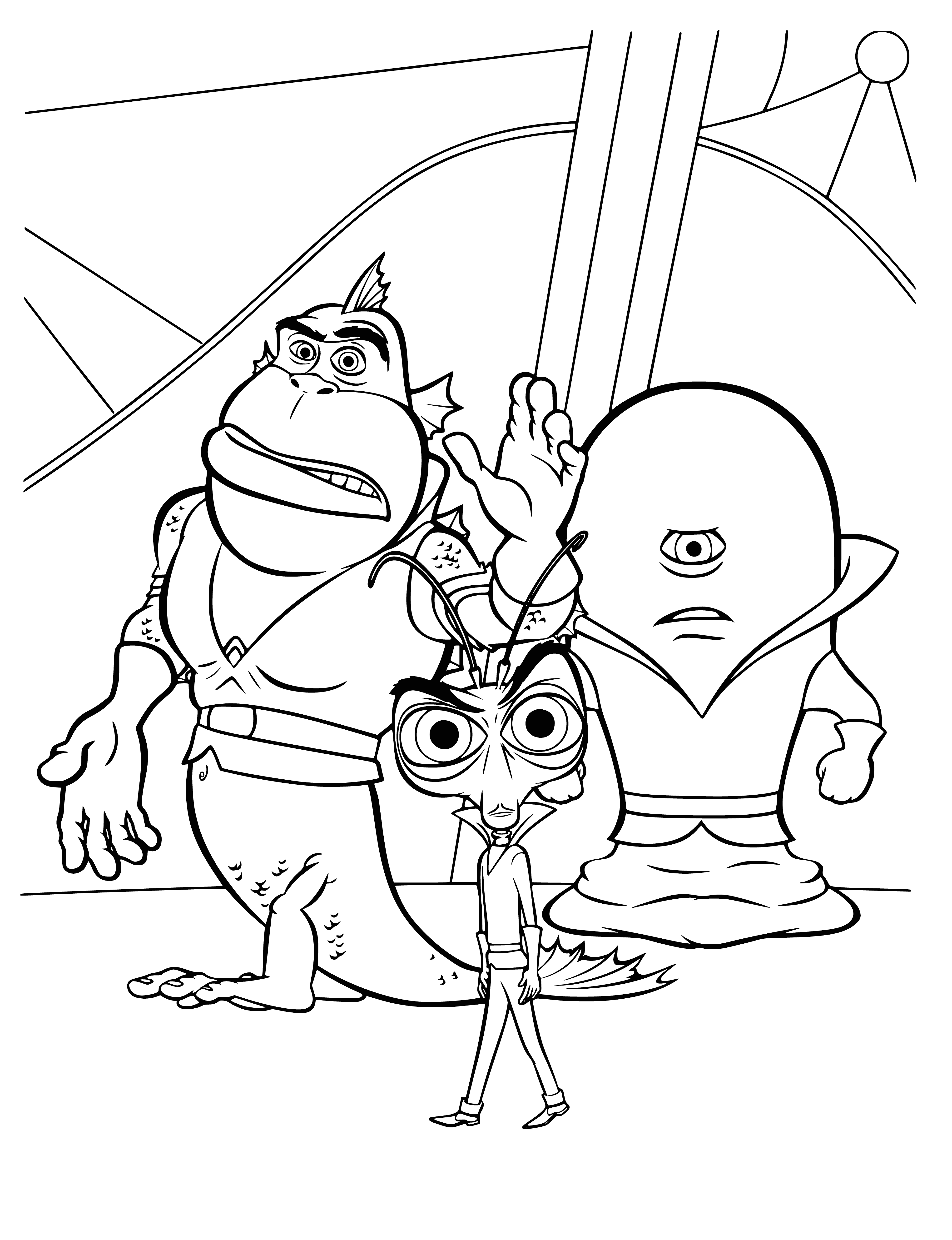 coloring page: 3 creatures with two wings fight an invisible foe atop a large lizard--an epic battle!