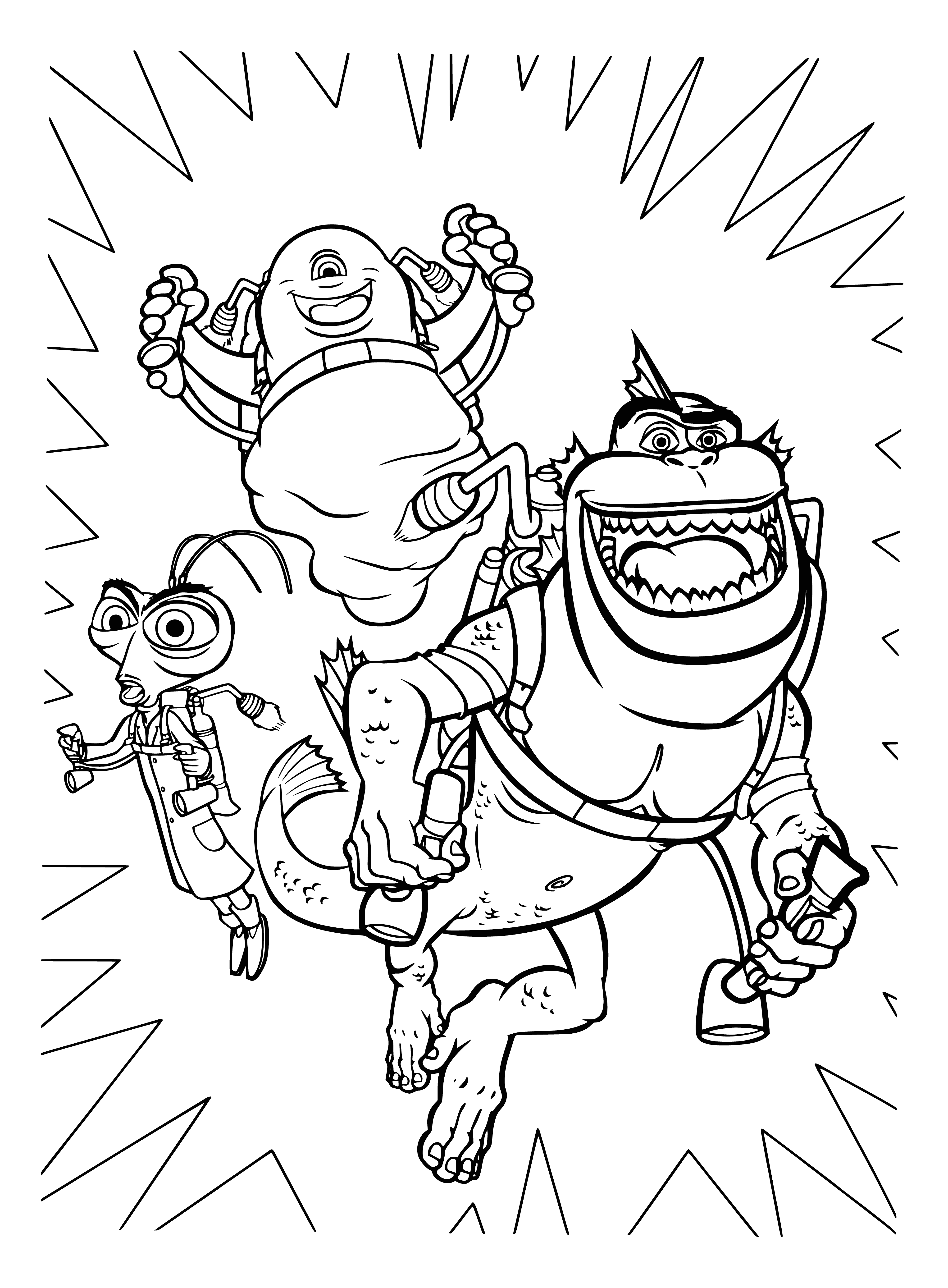 coloring page: The monsters have rockets on their backs in orange, green, and purple with intricate designs. They look unhappy.