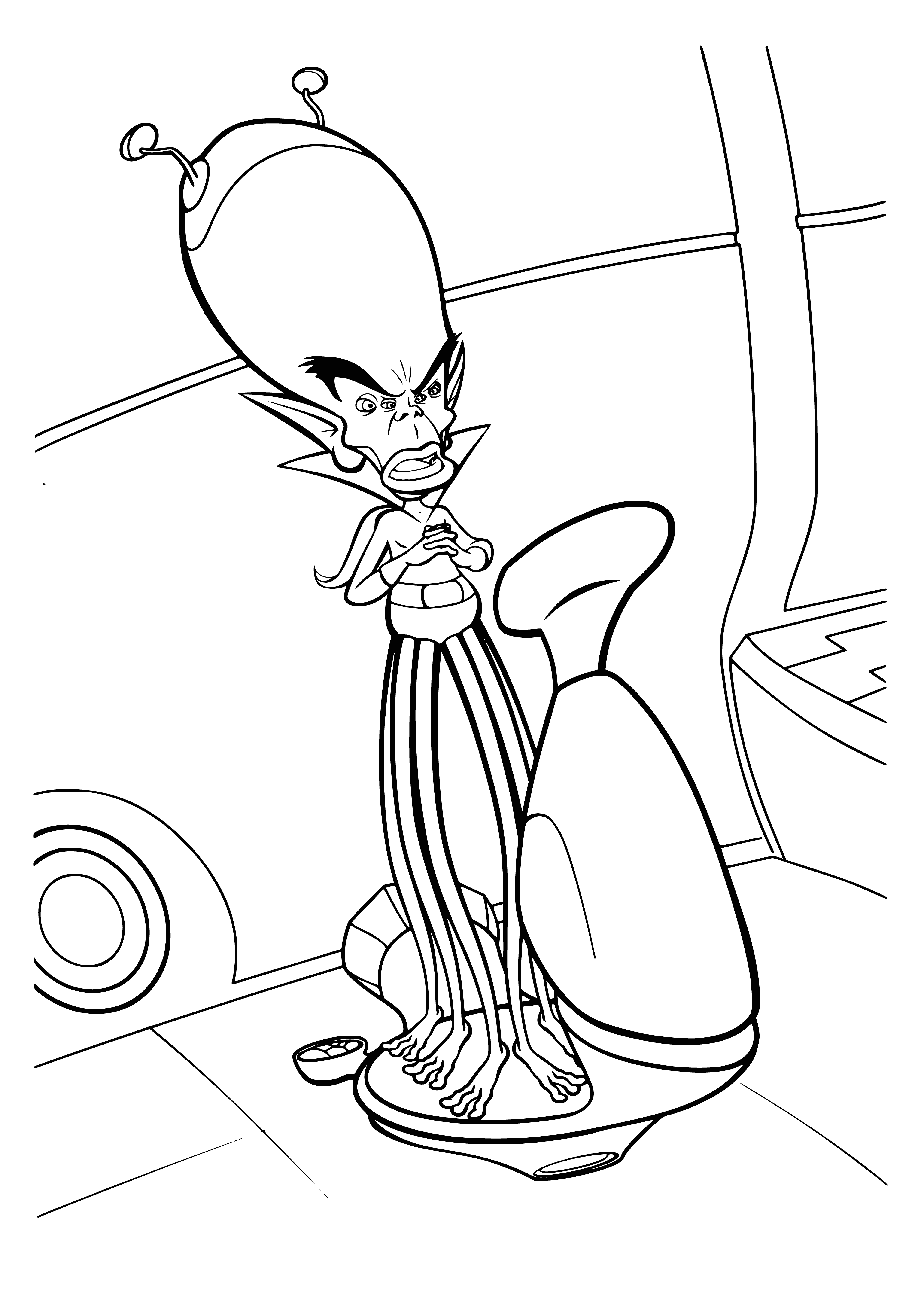 coloring page: Giant purple alien creature w/ multiple eyes, teeth & arms floats in space in front of a large red planet. #monstersvsaliens