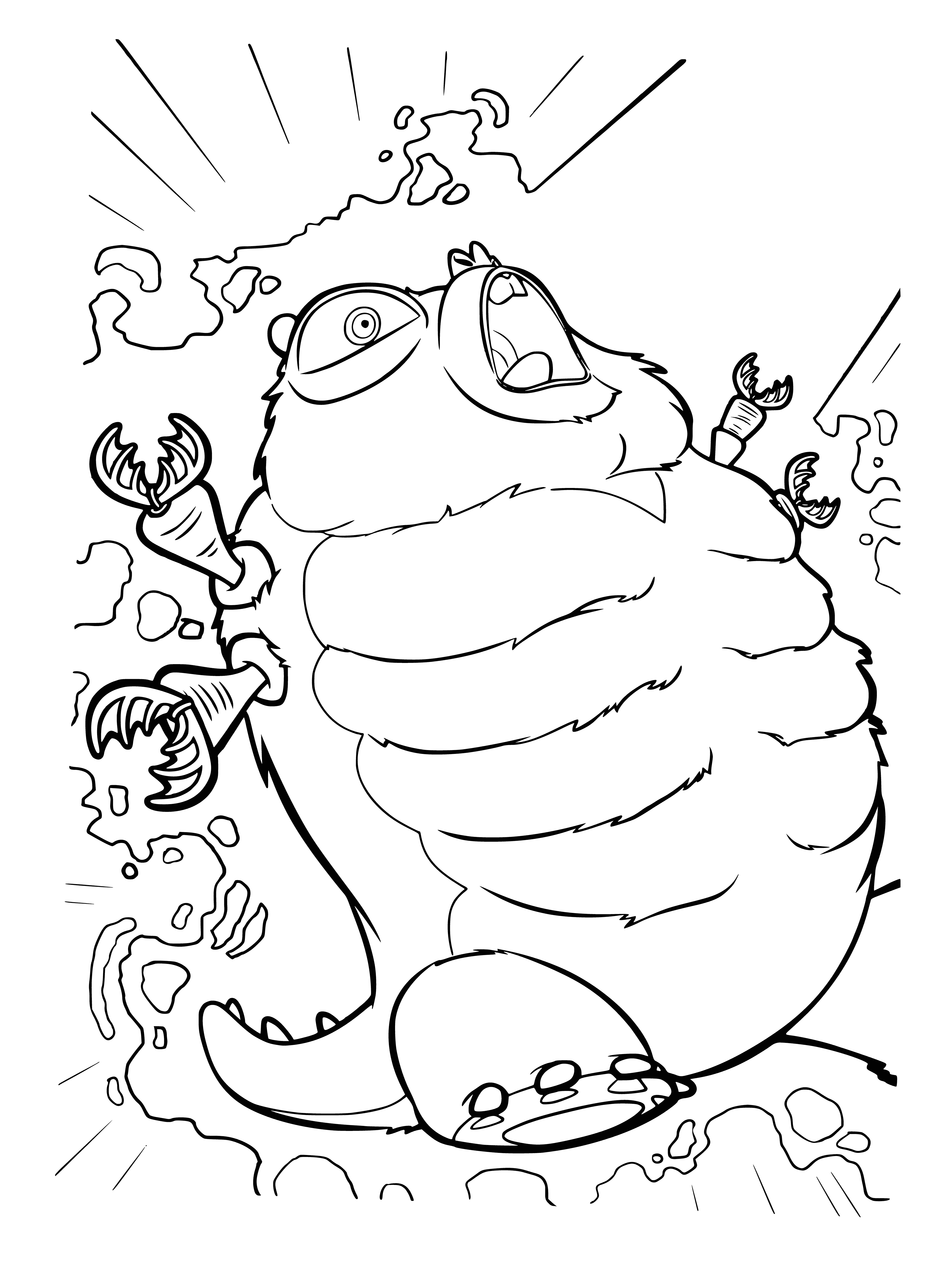 coloring page: Giant insect Insectosaurus wreaking havoc on a city, smashing buildings & cars, chaos everywhere--people running for their lives.