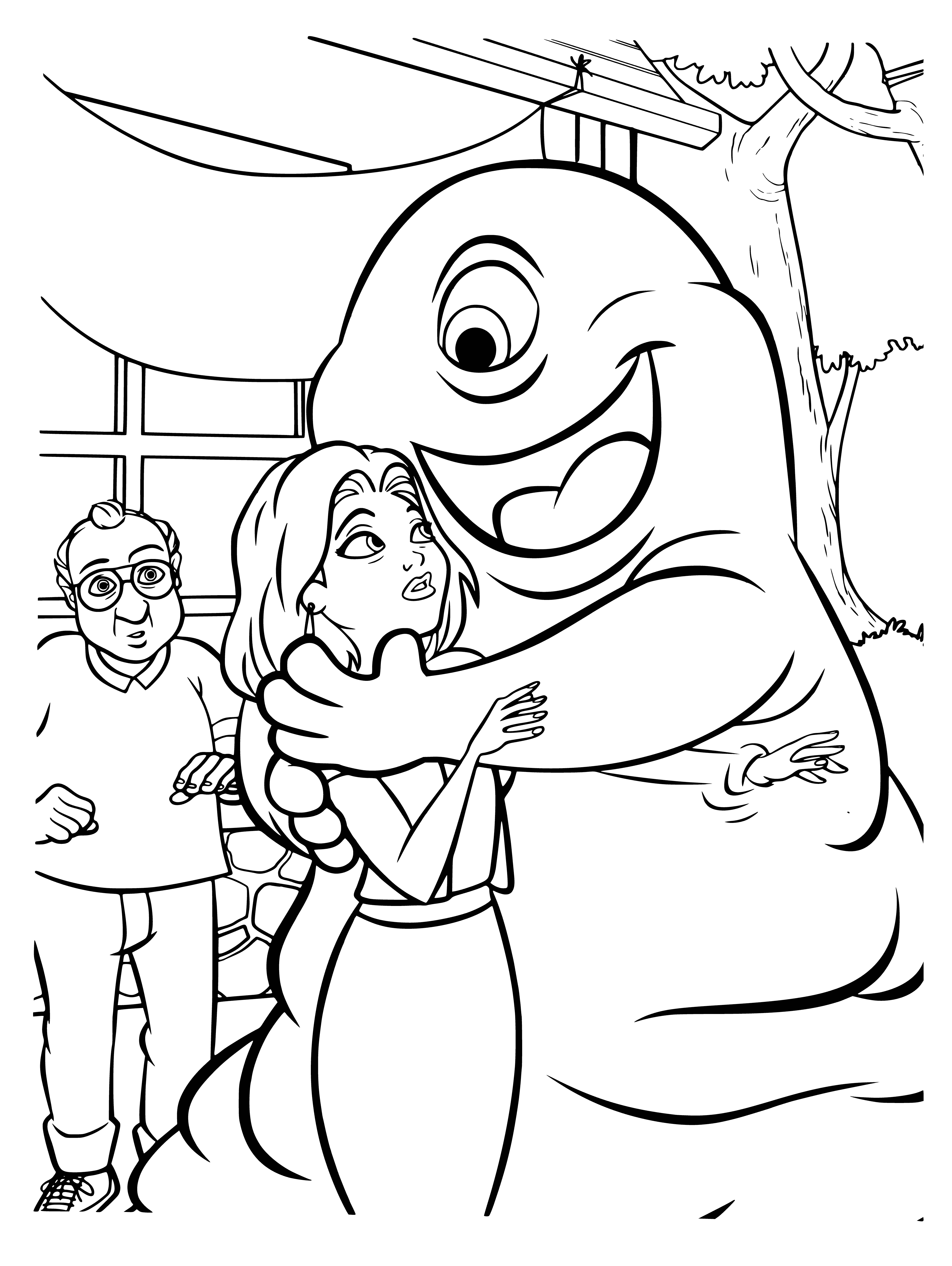 coloring page: Susan and B.O.B. are two very different creatures standing on a grassy hill.